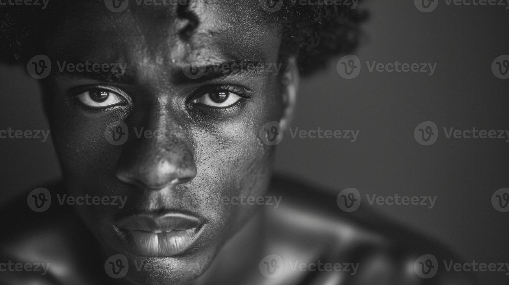 A striking black and white portrait of a young black man his powerful gaze and sculpted features conveying both strength and vulnerability. The untamed curls on his head mirror his photo