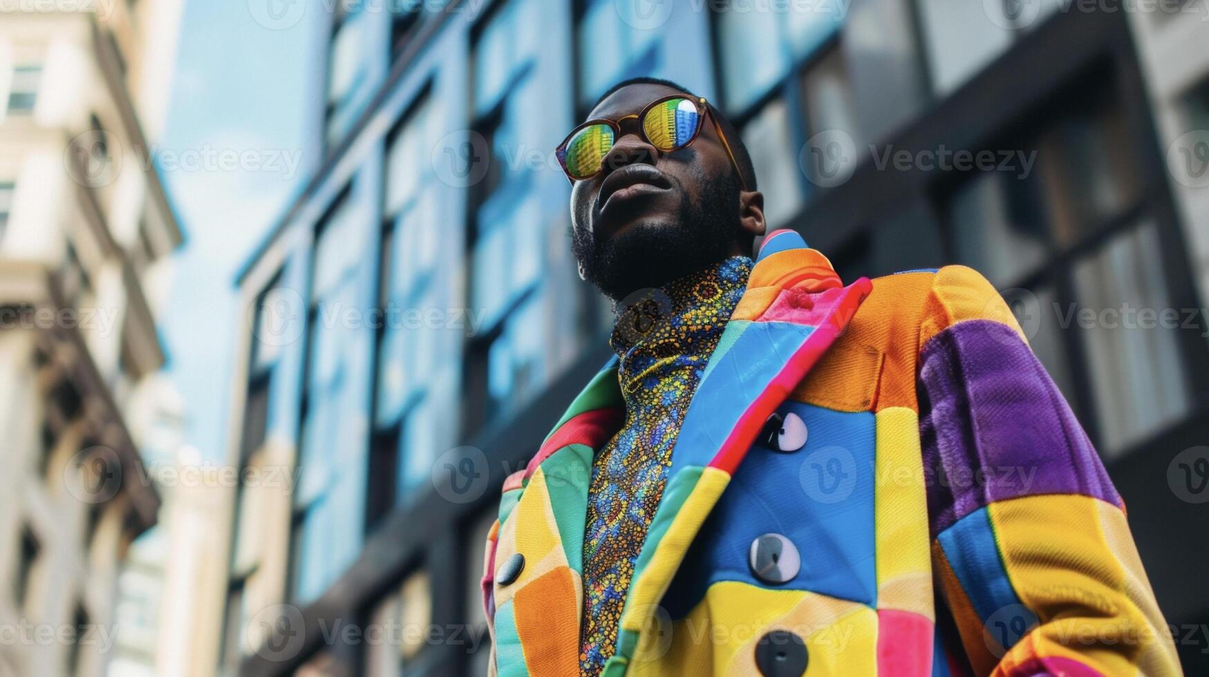 With a backdrop of monochrome buildings a stylish black man stands out in his rainbowtoned lit outfit. The mix of muted and vibrant tones creates a captivating visual showcasing his photo