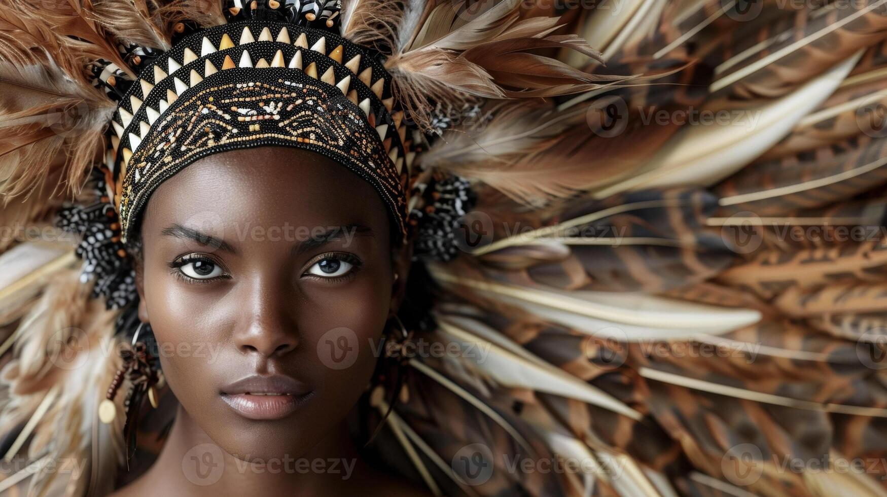 A regal black woman dons a stunning headdress made of feathers and intricate beadwork representing the melding of ancestral adornments with modern fashion. Her gaze is strong and proud photo
