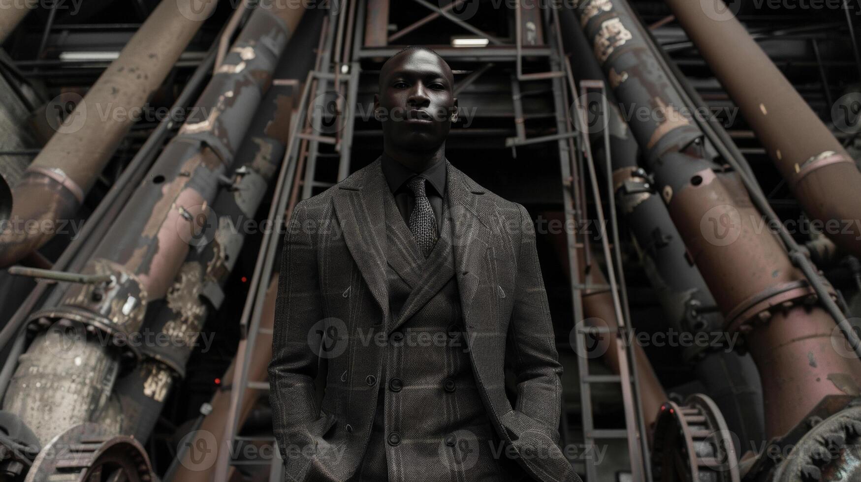 A striking black man stands tall amidst a maze of pipes and machinery the fabric of his sleek tailored suit mimicking the lines and patterns of the industrial landscape. The stark photo