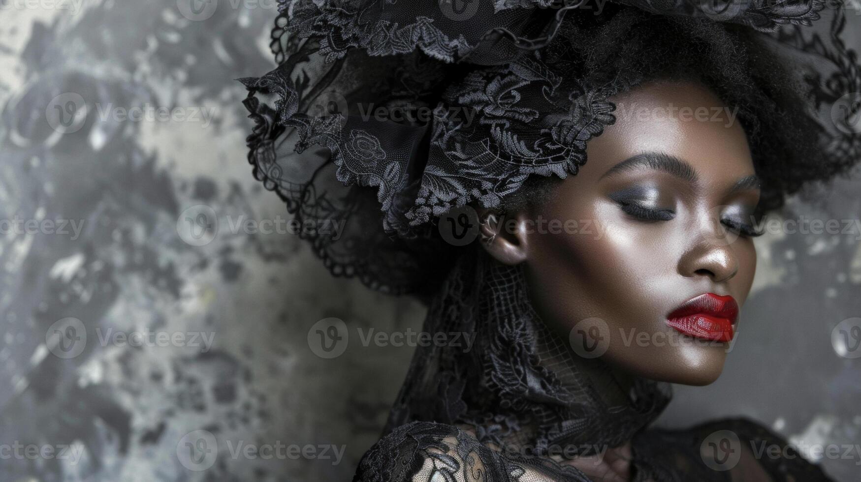 A bewitching black woman adorned in a decadent lace and velvet dress her captivating appearance channeling the captivating beauty of a Transylvanian vampire queen. photo