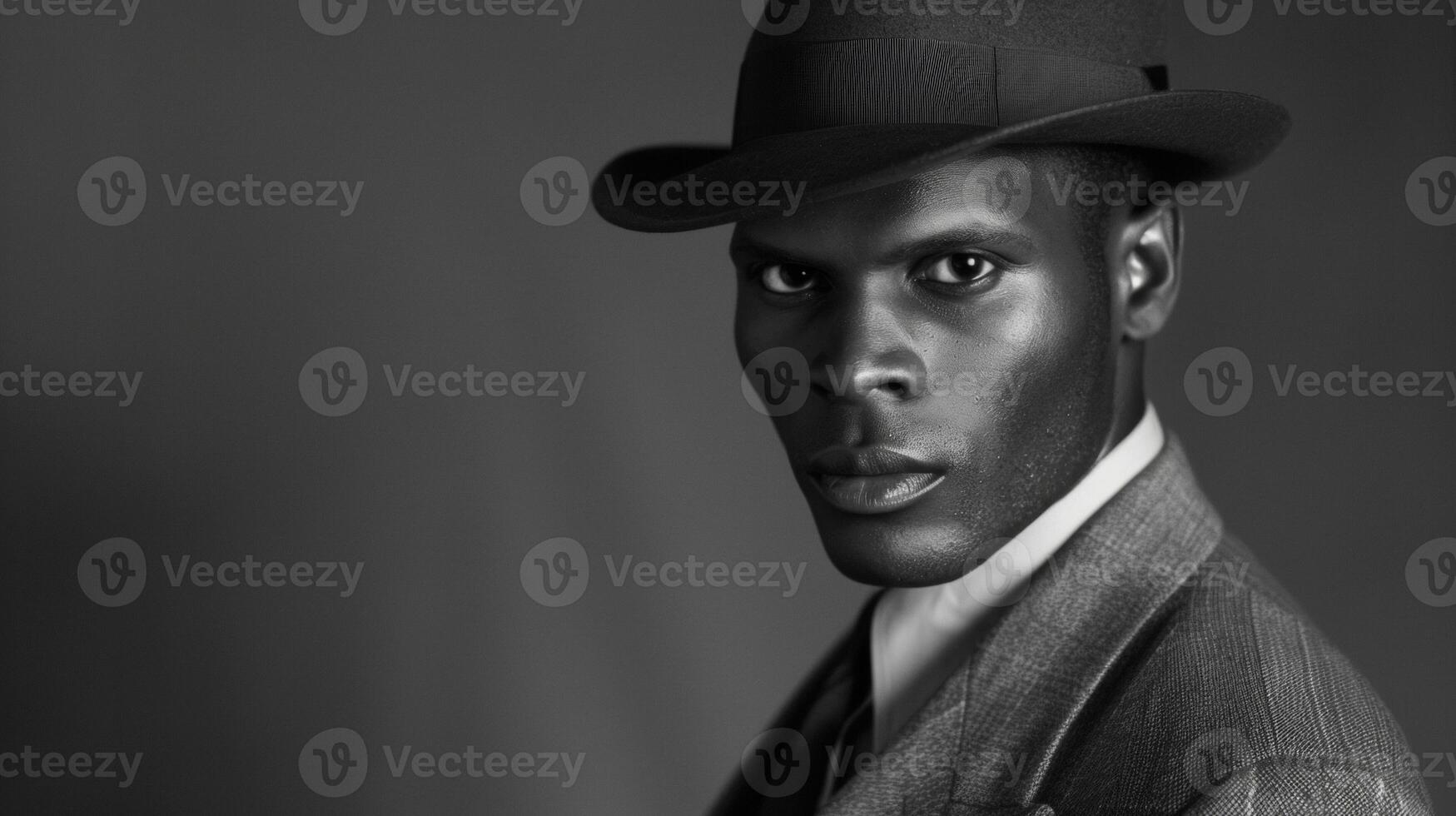 In a black and white portrait a striking black man exudes confidence and suave charm his tailored suit and fedora hat giving off vibes of old cinema. His chiseled features and captivating photo