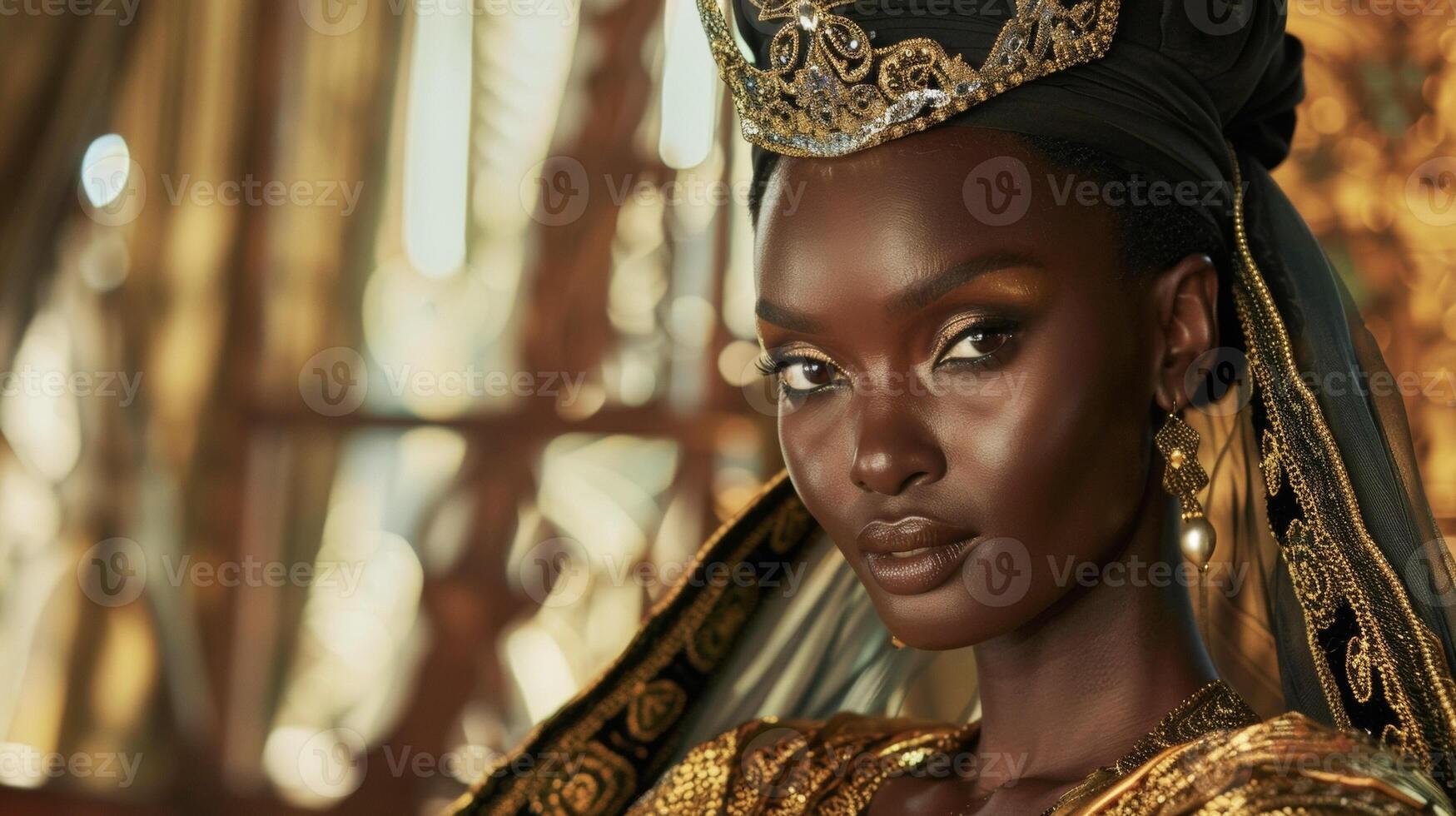 Clad in layers of shimmering silk and crowned with a golden tiara a poised black woman exudes an air of refined elegance. The intricate patterns on her clothing and headdress evoke photo