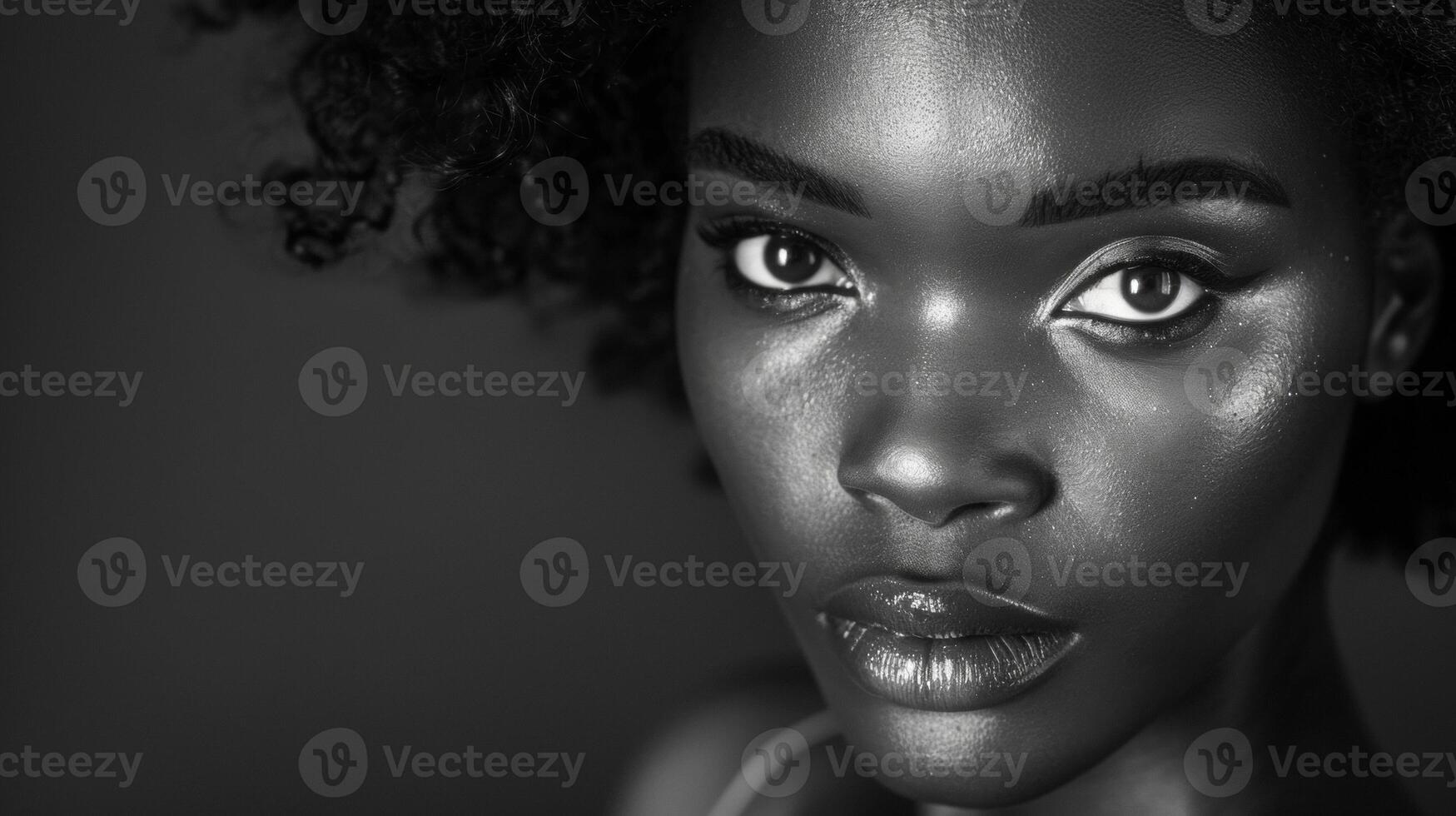 A stunning black woman gazes directly into the camera her porcelain skin contrasted against the darkness of her hair. The use of only black and white tones adds a touch of intimacy photo