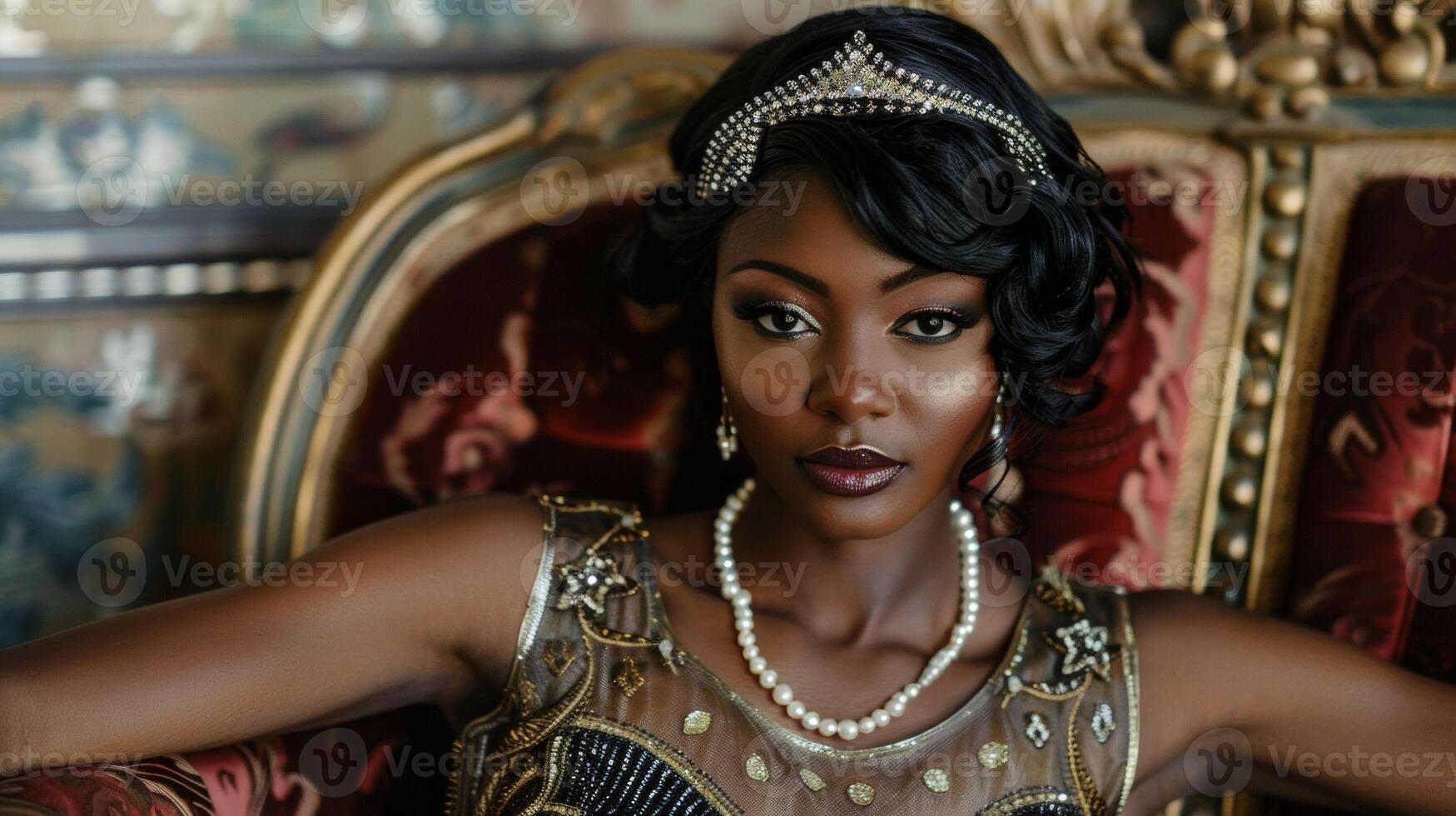 A regal black woman sits on a plush velvet couch her dress a stunning vision of art deco patterns and luxurious fabrics. A sparkling headpiece sits atop her perfectly styled hair while photo