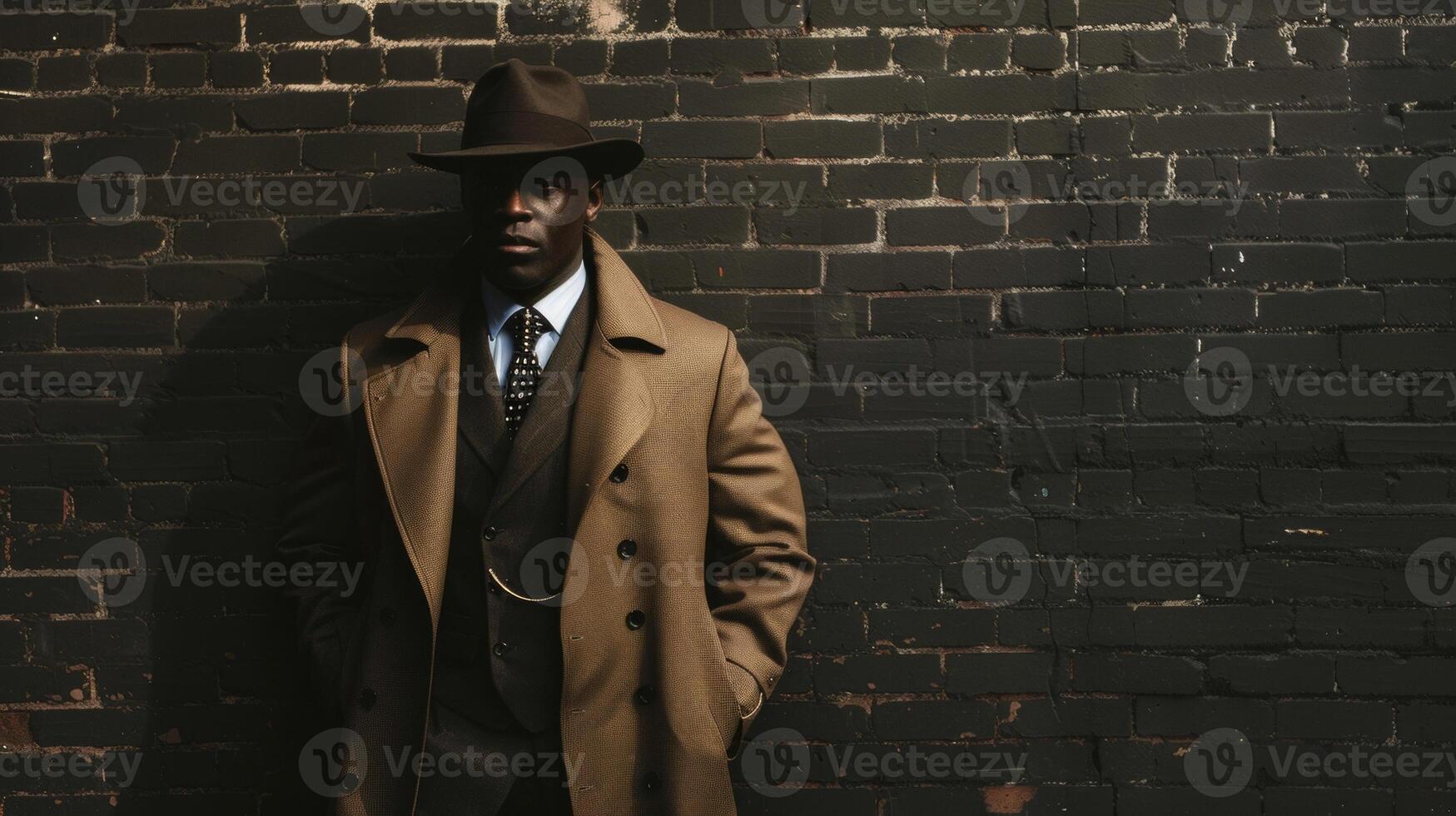 A dapper black man stands against a brick wall the shadowy lines of his fedora and trench coat blending seamlessly with the dark backdrop. His traditional suit and tie evoke a sense photo