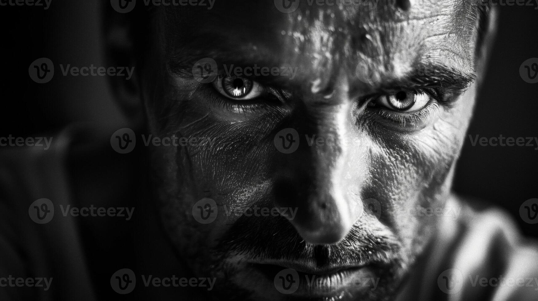 Strong and stoic a man is captured in a black and white portrait the contrast between light and dark adding depth to his intense gaze and creating a powerful and elegant monochromatic photo