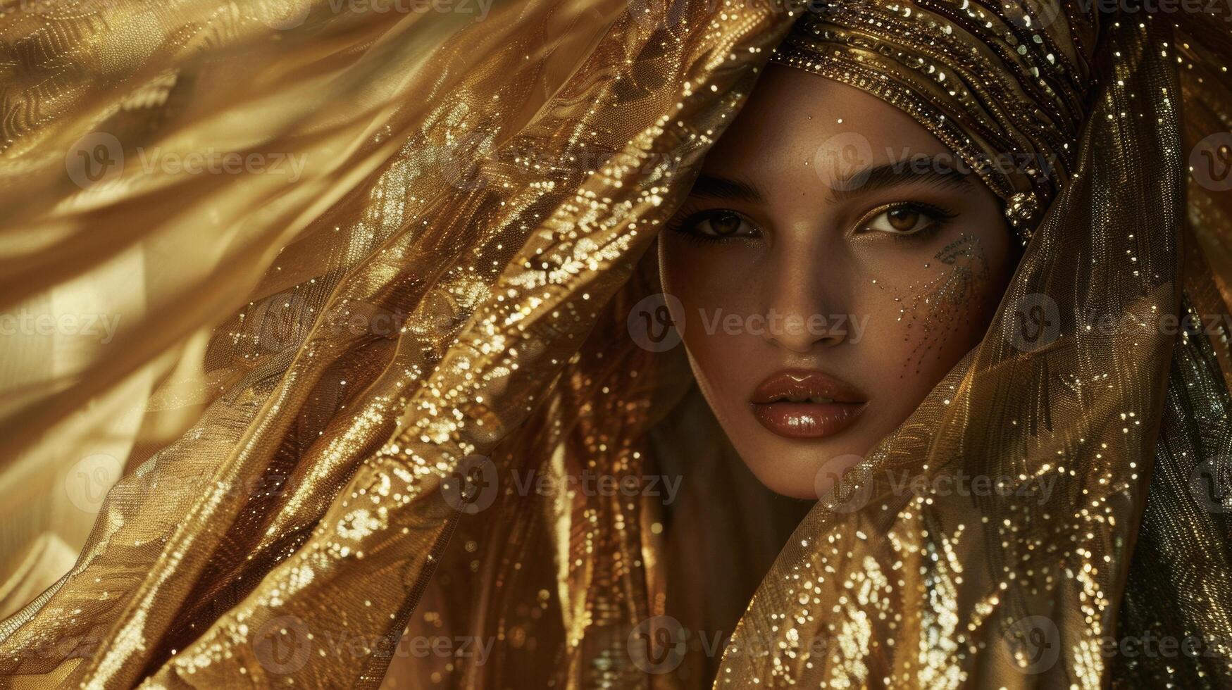 A regal lady with deep golden skin and a fierce gaze dd in layers of shimmering golden fabric that cascade behind her like a waterfall embodying the opulence and grandeur of the Golden photo