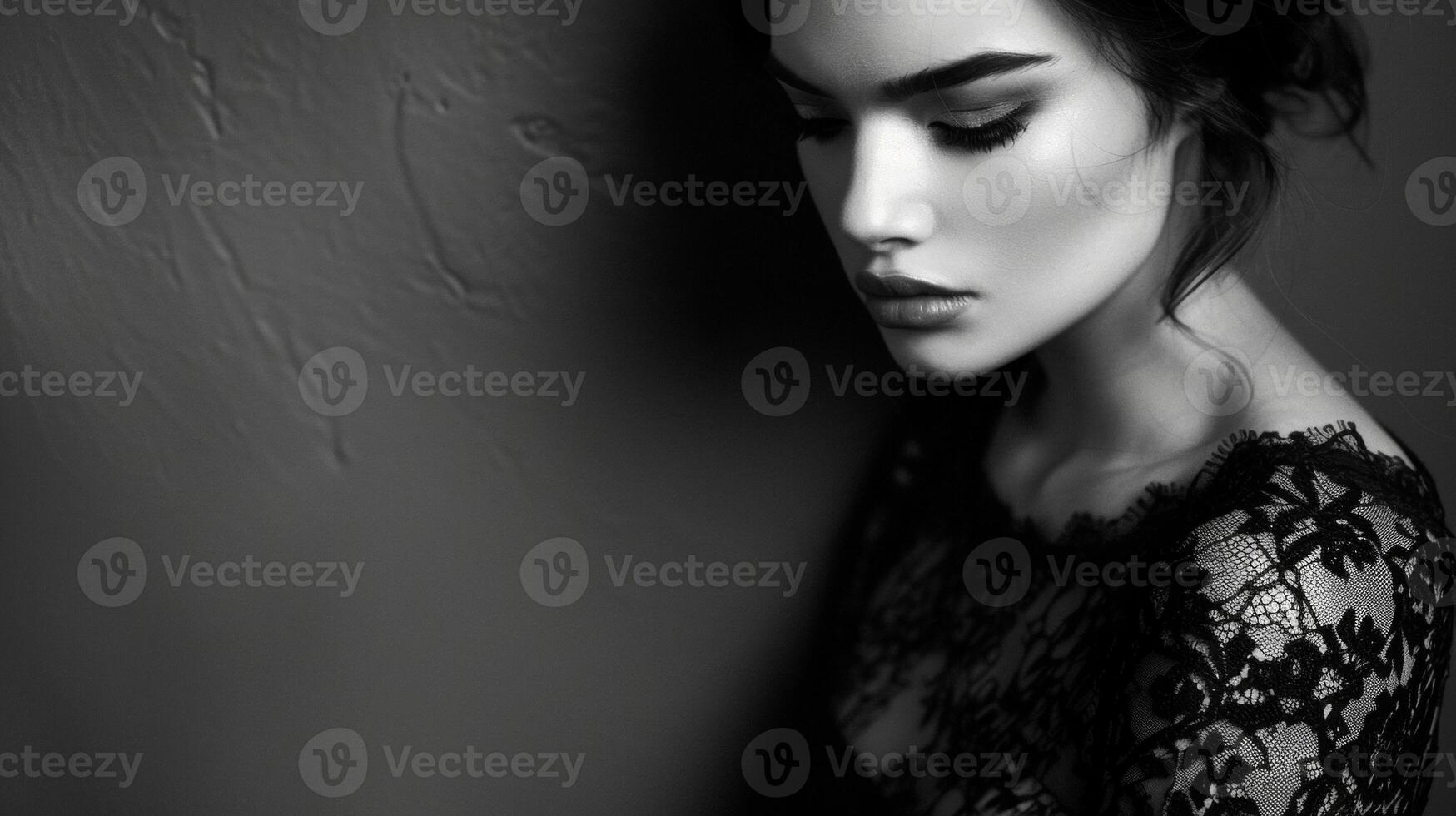 A black lace dress ds over a womans figure accentuating her curves and creating a stunning visual contrast. Her intense gaze and thoughtful pose add depth to the monochrome melody photo