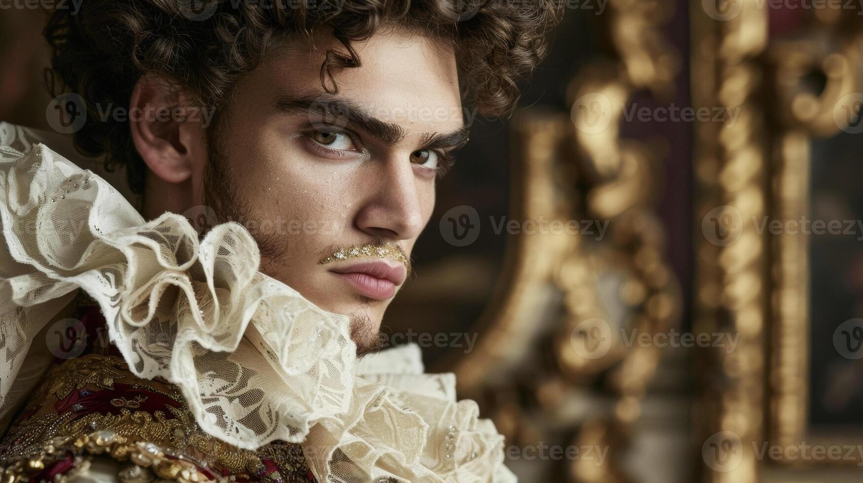 Dressed in a stunning Baroque gown with layers of tulle and lace this mans hair is styled in a curled pompadour with a touch of gold leaf adding to the extravagant aesthetic. His makeup photo