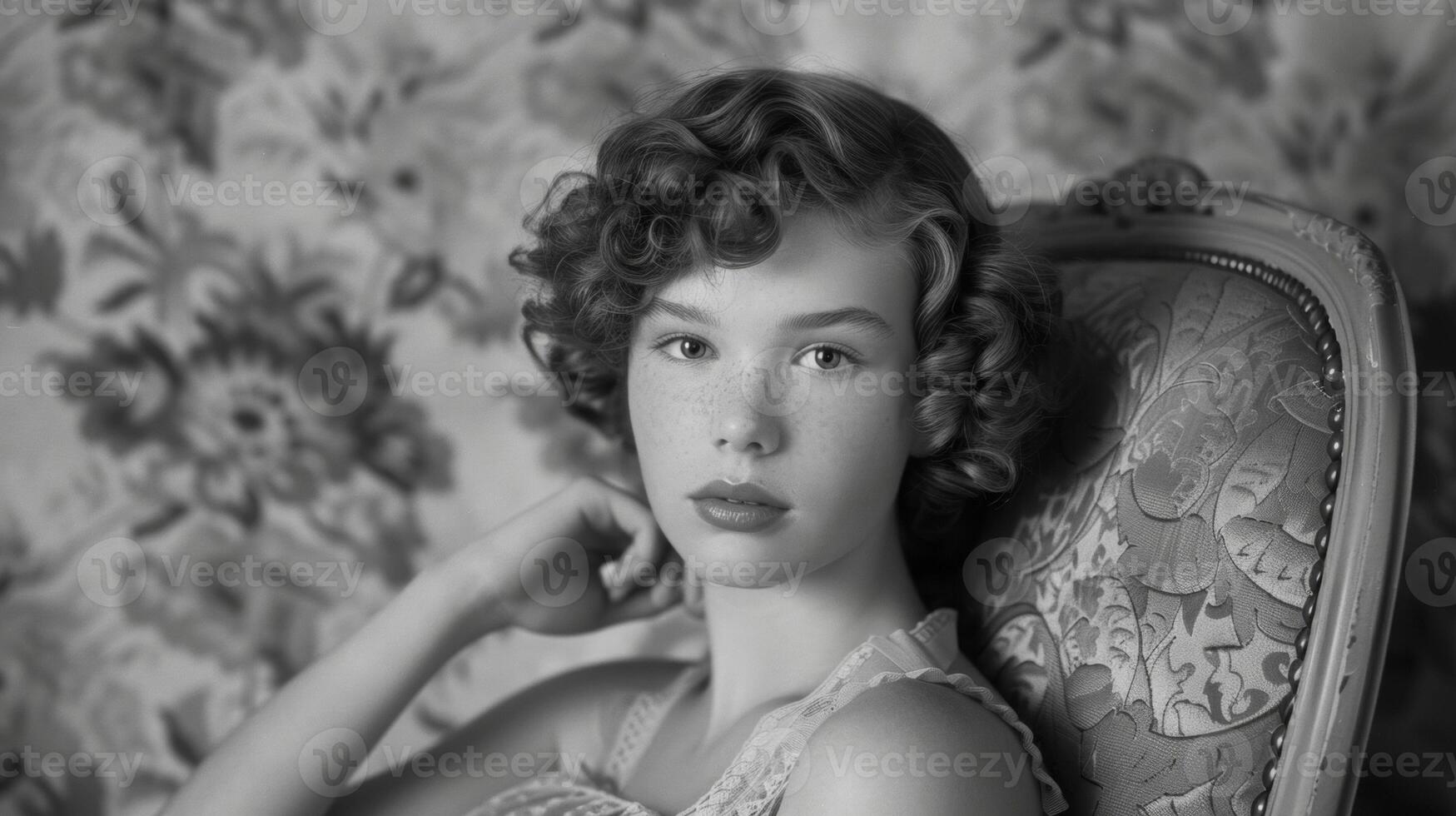 A young woman with a head full of tight curls sits in a vintage chair her features delicately highlighted in the soft black and white tones. Her piercing gaze and the gentle smile photo