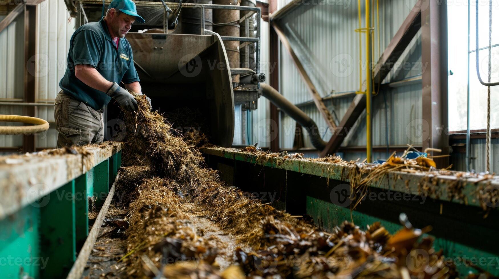 A man adding plant matter into a large machine showing the process of converting biomass into biofuels and reducing dependency on nonrenewable resources. photo