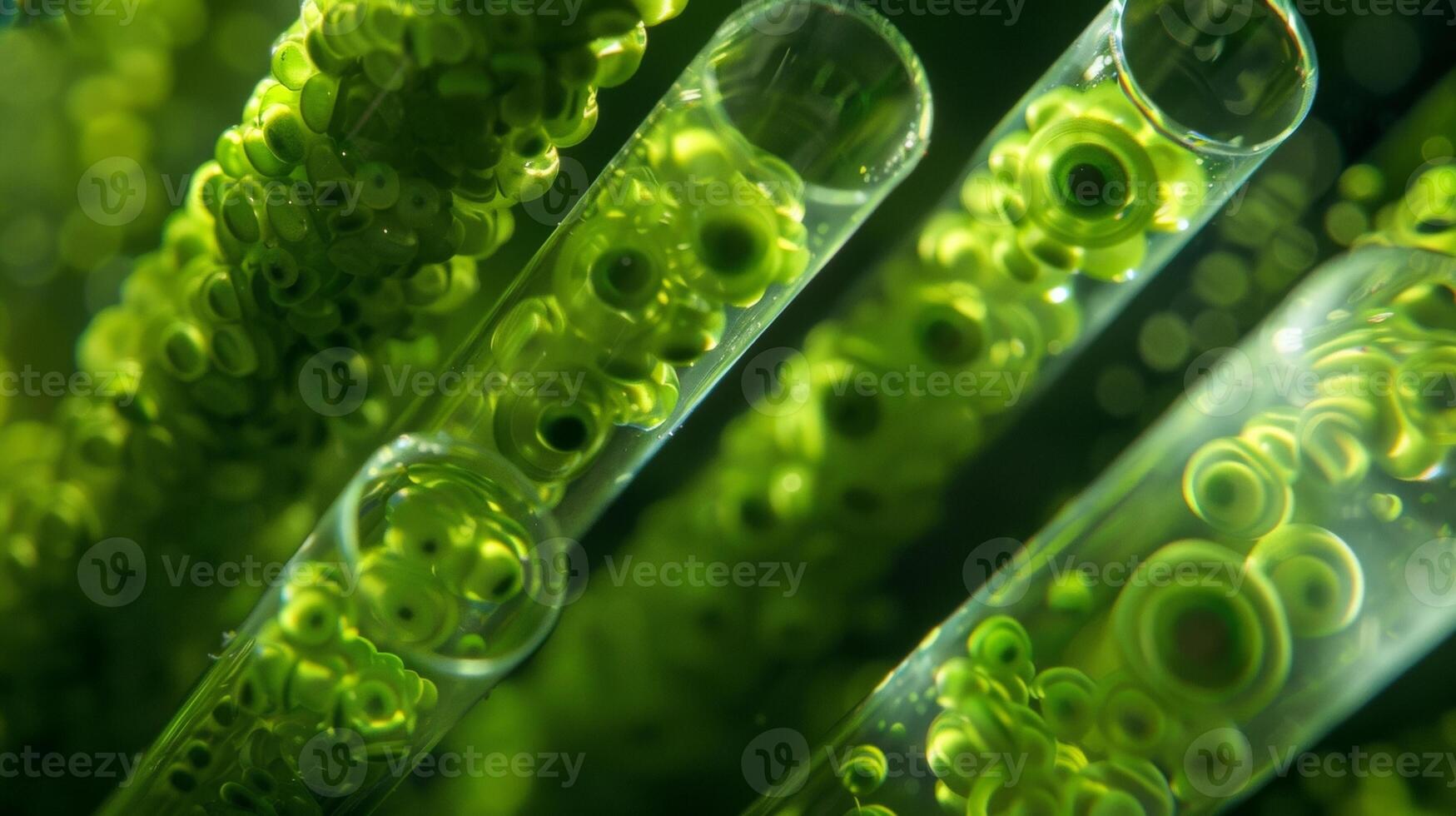 A closeup of an algae culture inside a bioreactor reveals the intricate network of tubes and pumps that circulate the necessary nutrients and ensure optimal growth conditions. The photo