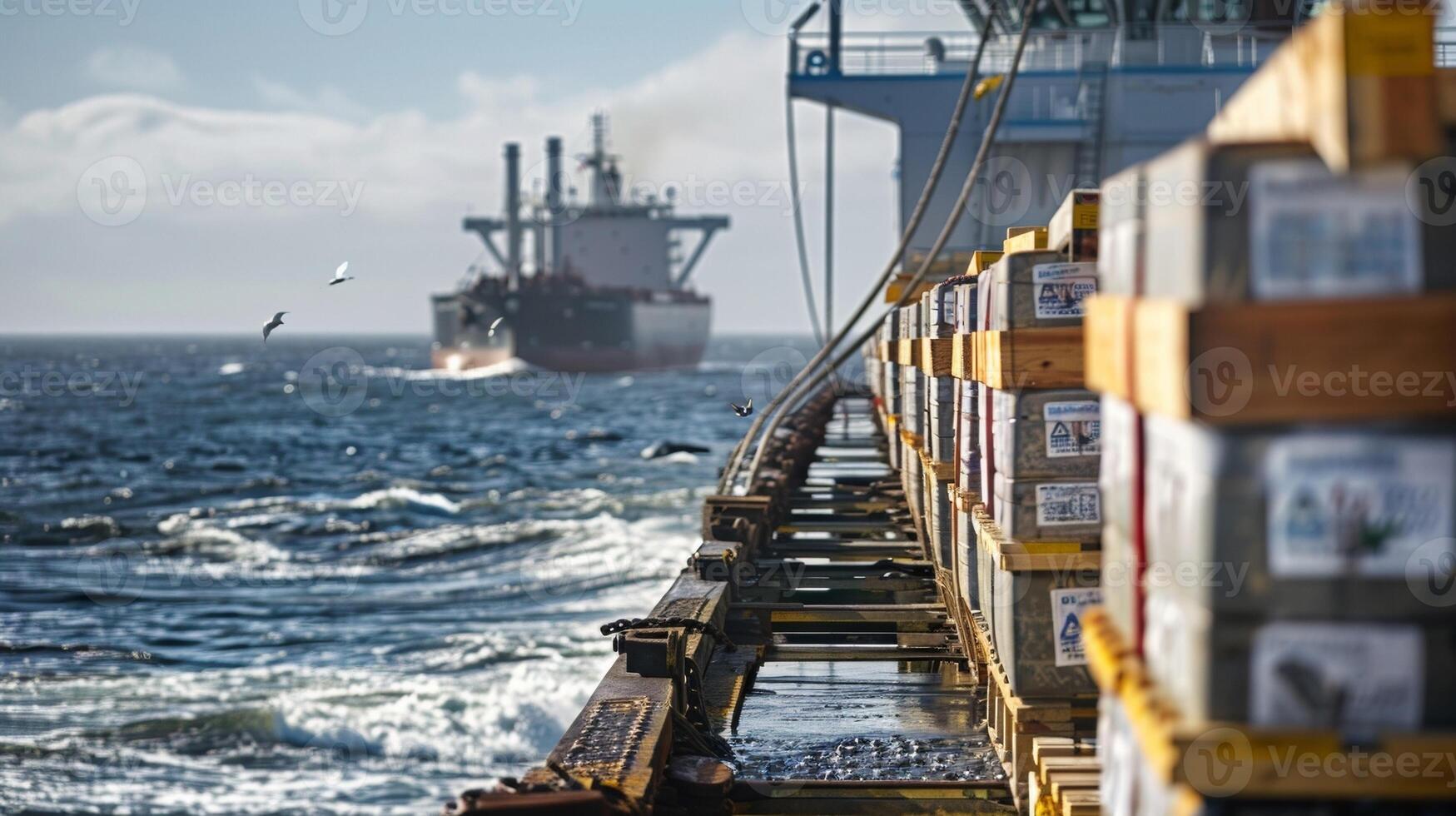 A line of shipping crates each emblazoned with a label for biofuel sit on a dock next to a roaring ocean. In the background a massive oil tanker can be seen a stark contrast to the photo