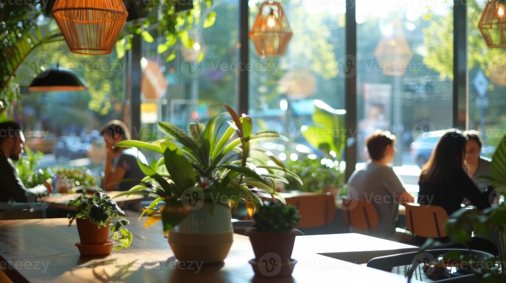 A sleek modern cafe attached to the biofuel oasis with outdoor seating and large windows overlooking the busy street. Diners enjoy their meals surrounded by potted plants and green photo