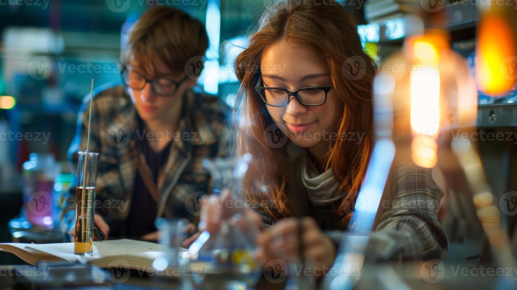 In the background a student is using a Bunsen burner to heat a mixture of biofuel and water in a flask as another student makes notes in a lab notebook. photo