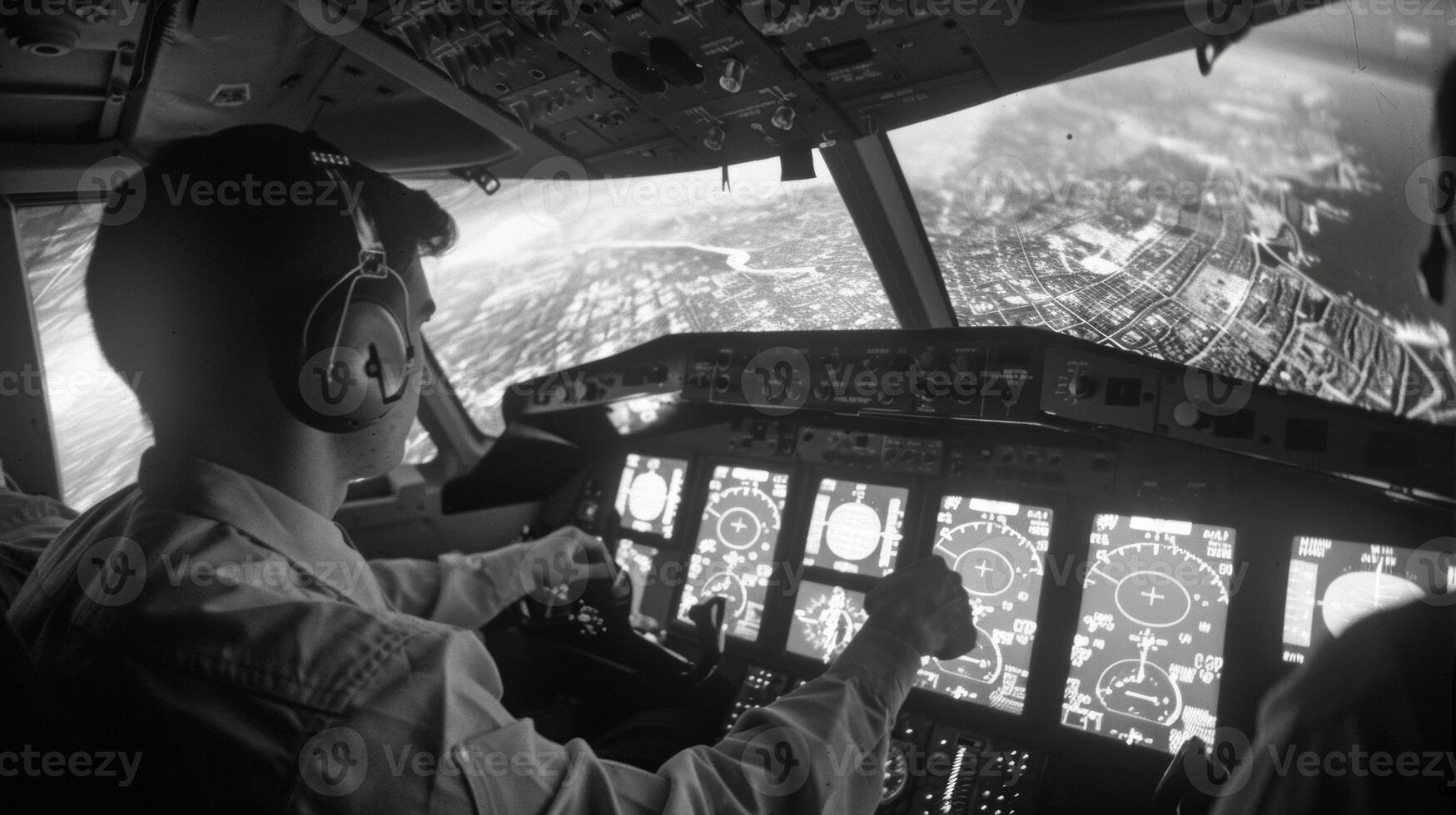 Pilots training in a flight simulator learning how to fly using biofuels and tingedge energyefficient techniques. photo