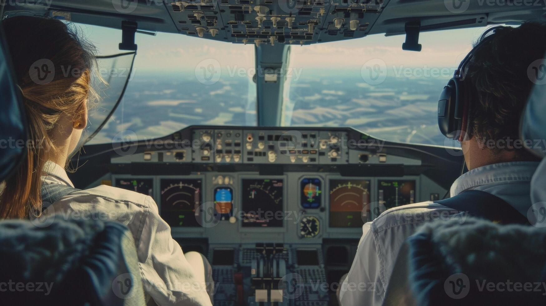 A pilot and copilot in the cockpit of an airplane looking out the window at a beautiful landscape below. A small sign on the dashboard reminds them to refuel with biofuel for cleaner photo