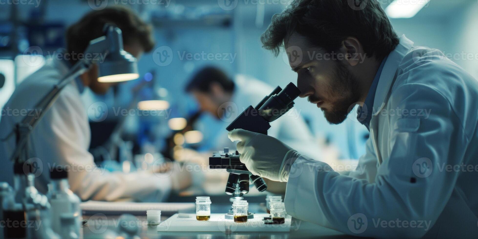 A laboratory scene featuring scientists in lab coats intently observing small cultures of microbes through microscopes. They carefully control and nurture these microscopic organisms photo