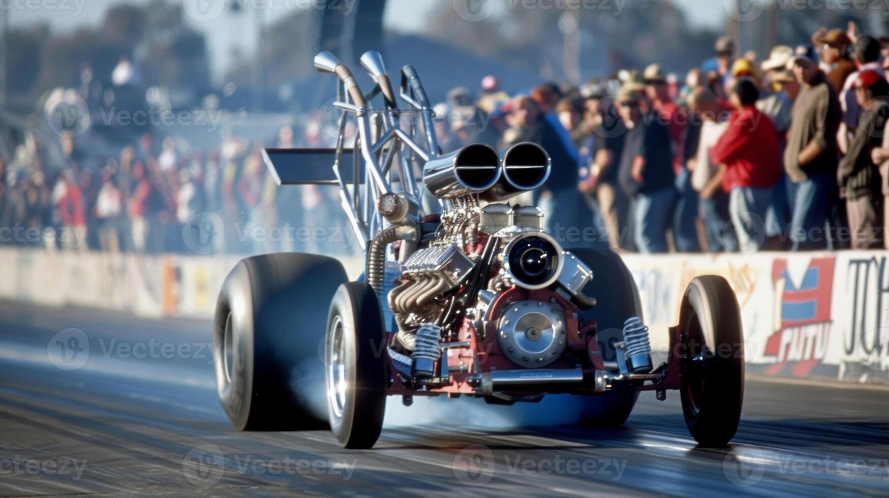 The sound of a roaring engine fills the air as a biofuelpowered dragster speeds down a track showcasing the power and potential of alternative fuels. Crowds gather to watch and learn photo
