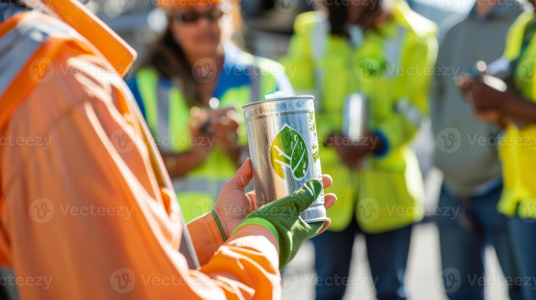 Inside a disaster relief base a worker holds up a canister of biofuel explaining its benefits to a group of volunteers. The container is labeled with a green leaf symbol signifying photo