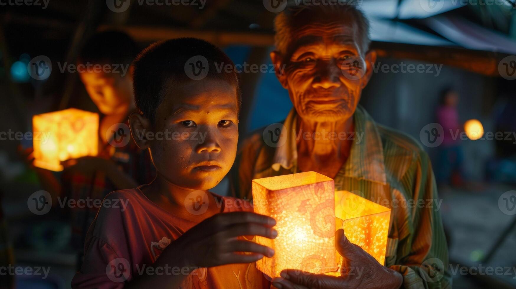 In a remote village devastated by a recent disaster a group of volunteers distribute biofuel lanterns to families who have lost all sources of electricity. The lanterns bring a sense photo