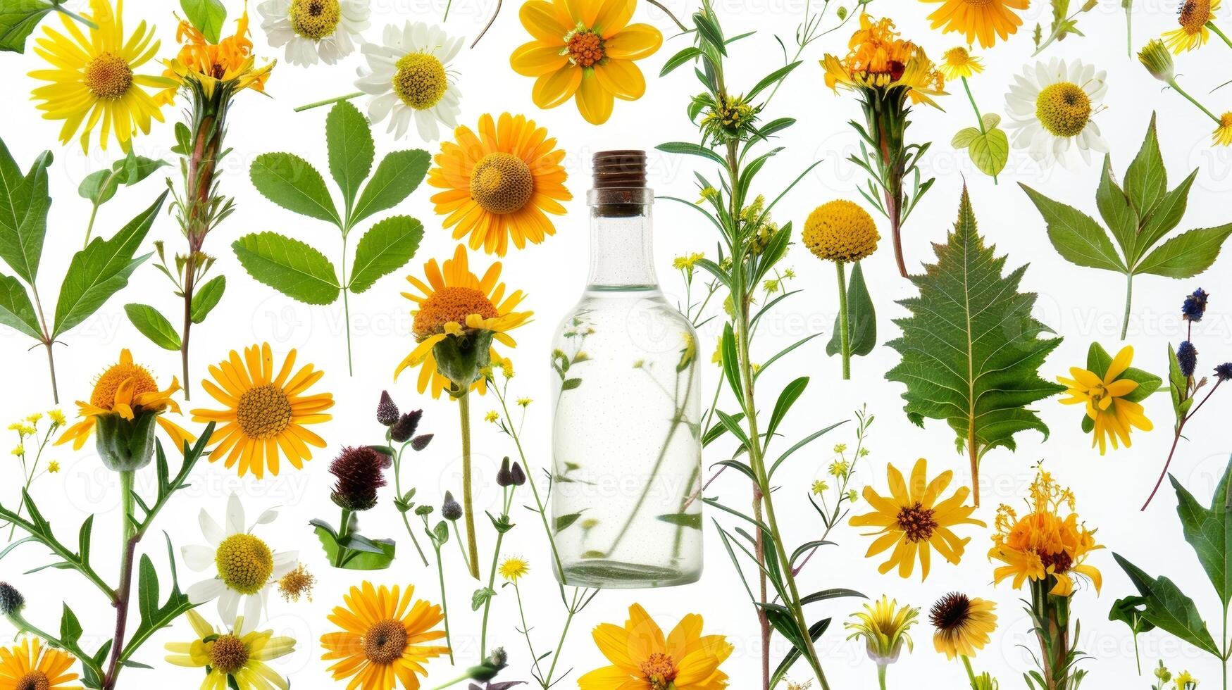 A collage of pressed flowers and leaves arranged in the shape of a fuel pump highlighting the connection between nature and the creation of biofuels. photo