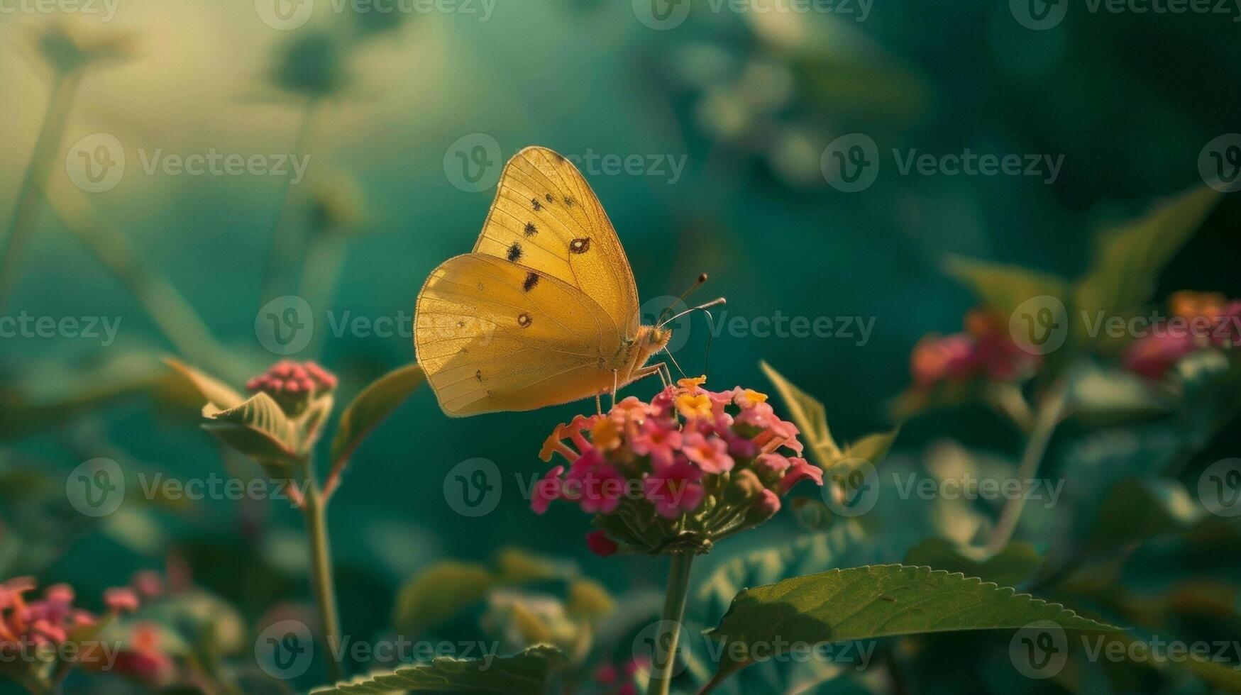 Against a backdrop of lush greenery and wildflowers a beautiful yellow butterfly rests on a bright pink flower nearby a biofuel plantation looms in the background. photo