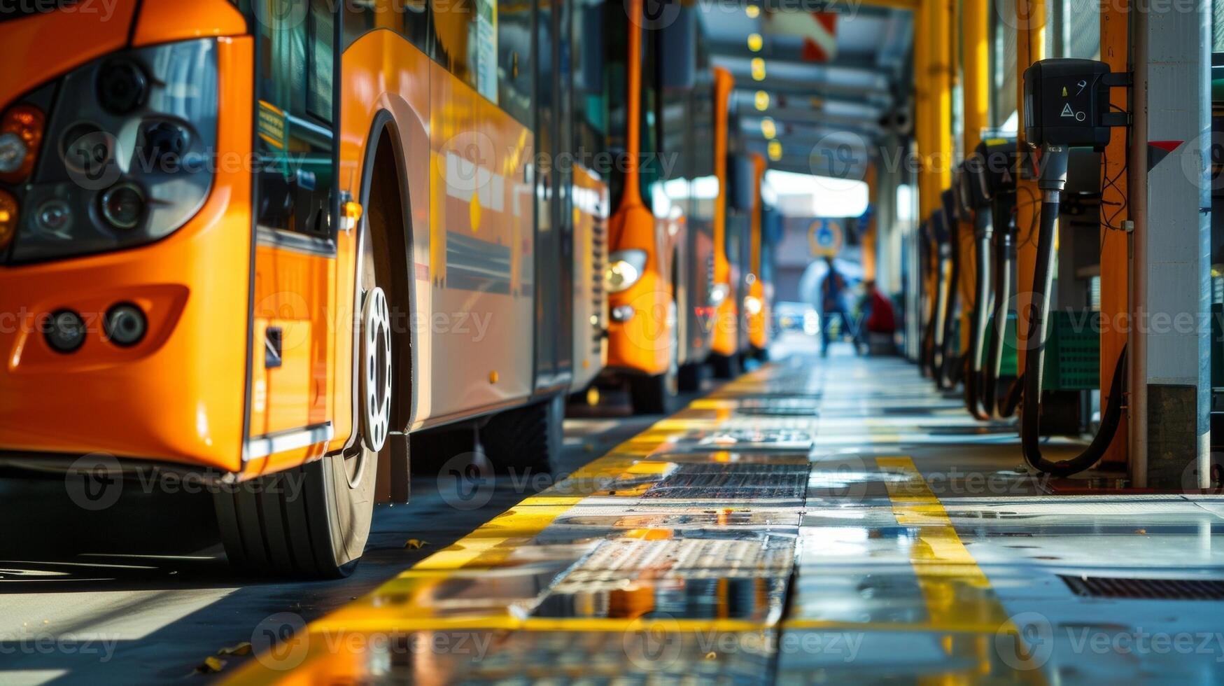 A bus depot with a designated Biofuel Fueling area where workers fill up the buses with the renewable and sustainable energy source. photo