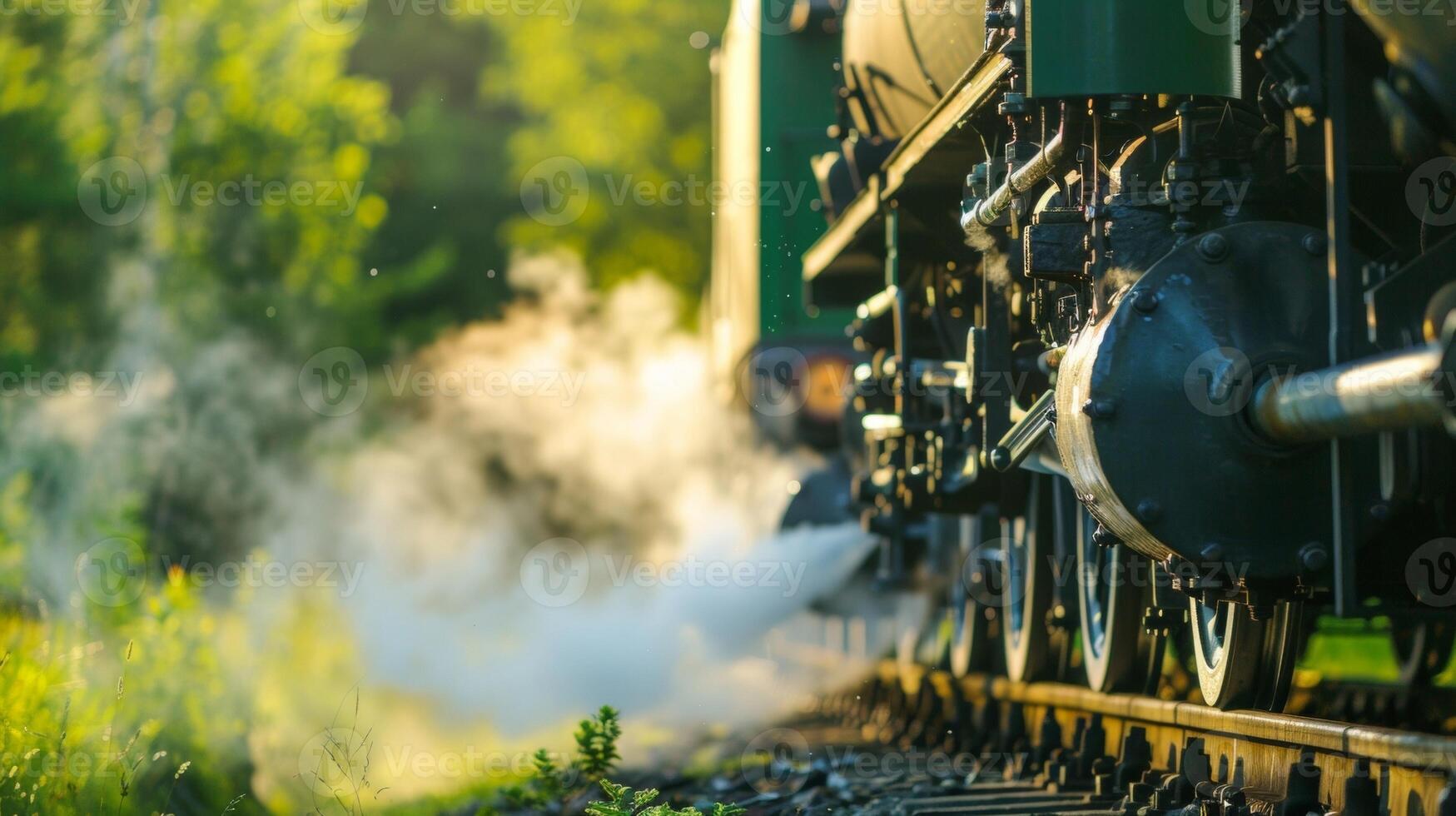 A closeup of the trains engine reveals biofuel tanks and pipes emitting clean and ecofriendly steam. The surrounding railway is covered in vibrant greenery suggesting a harmonious photo