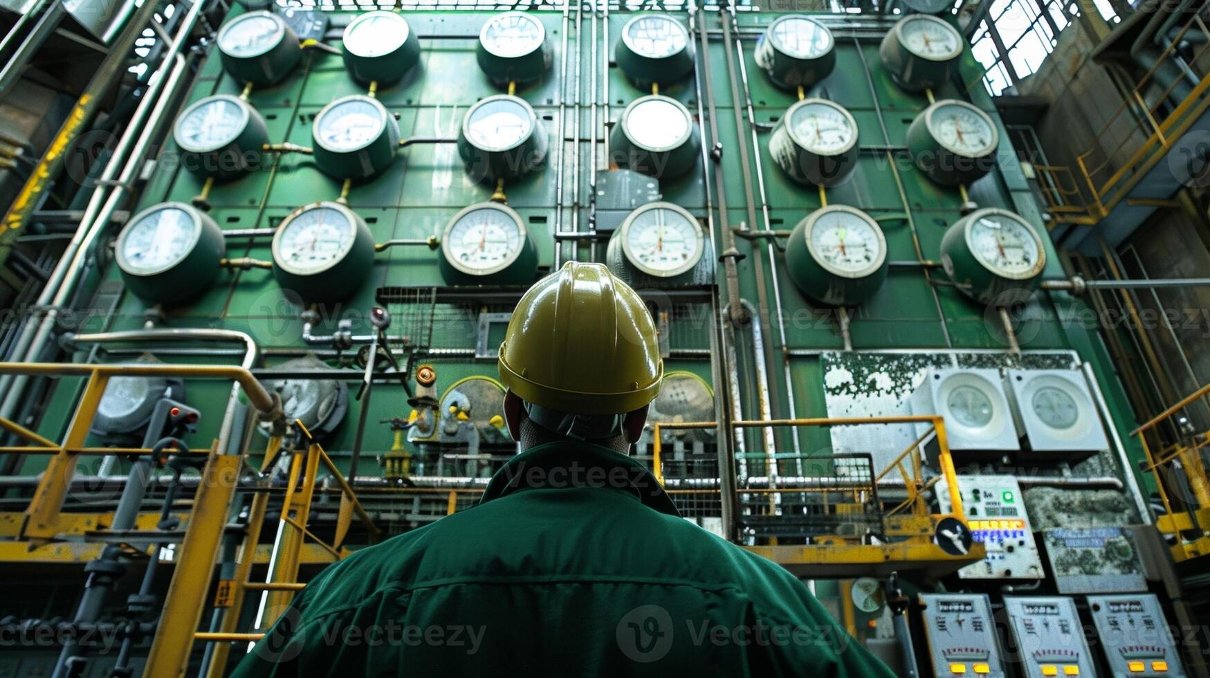 A worker stands in front of a large control panel monitoring various gauges and dials as a biofuelpowered generator hums steadily in the background. photo