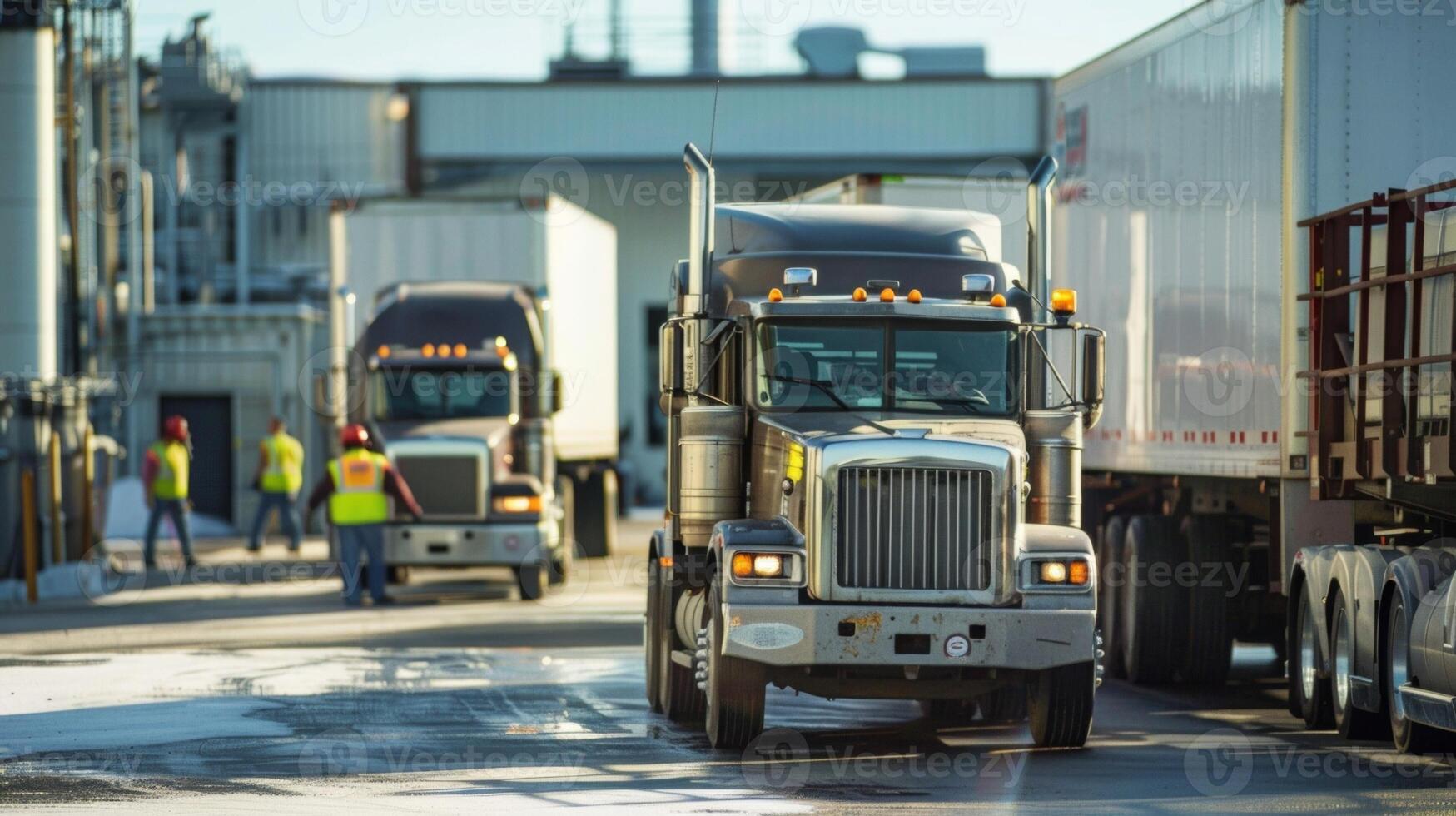 A line of trucks parked outside a loading dock at a busy biofuel distribution center. Workers in reflective vests are loading containers onto the trucks showcasing the logistics and photo