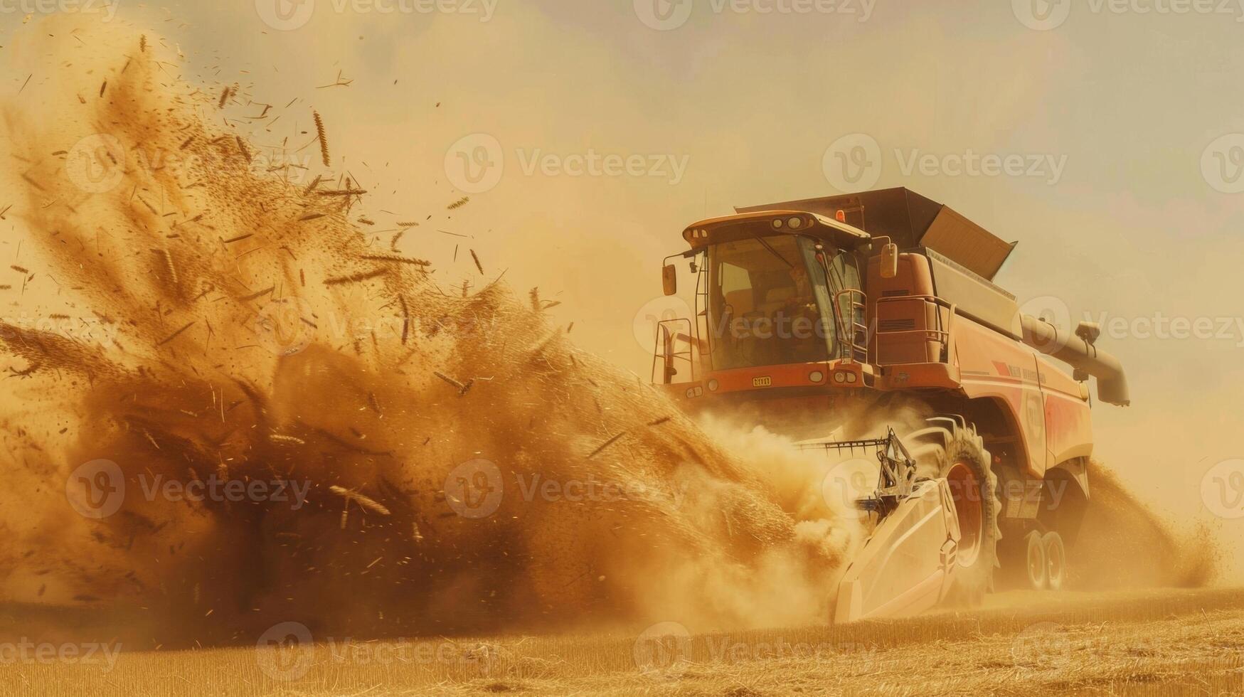 A scene of a large combine harvester in action its giant claws devouring the tall stalks of wheat. Dust and debris fly up in its wake showcasing the power and efficiency of modern photo