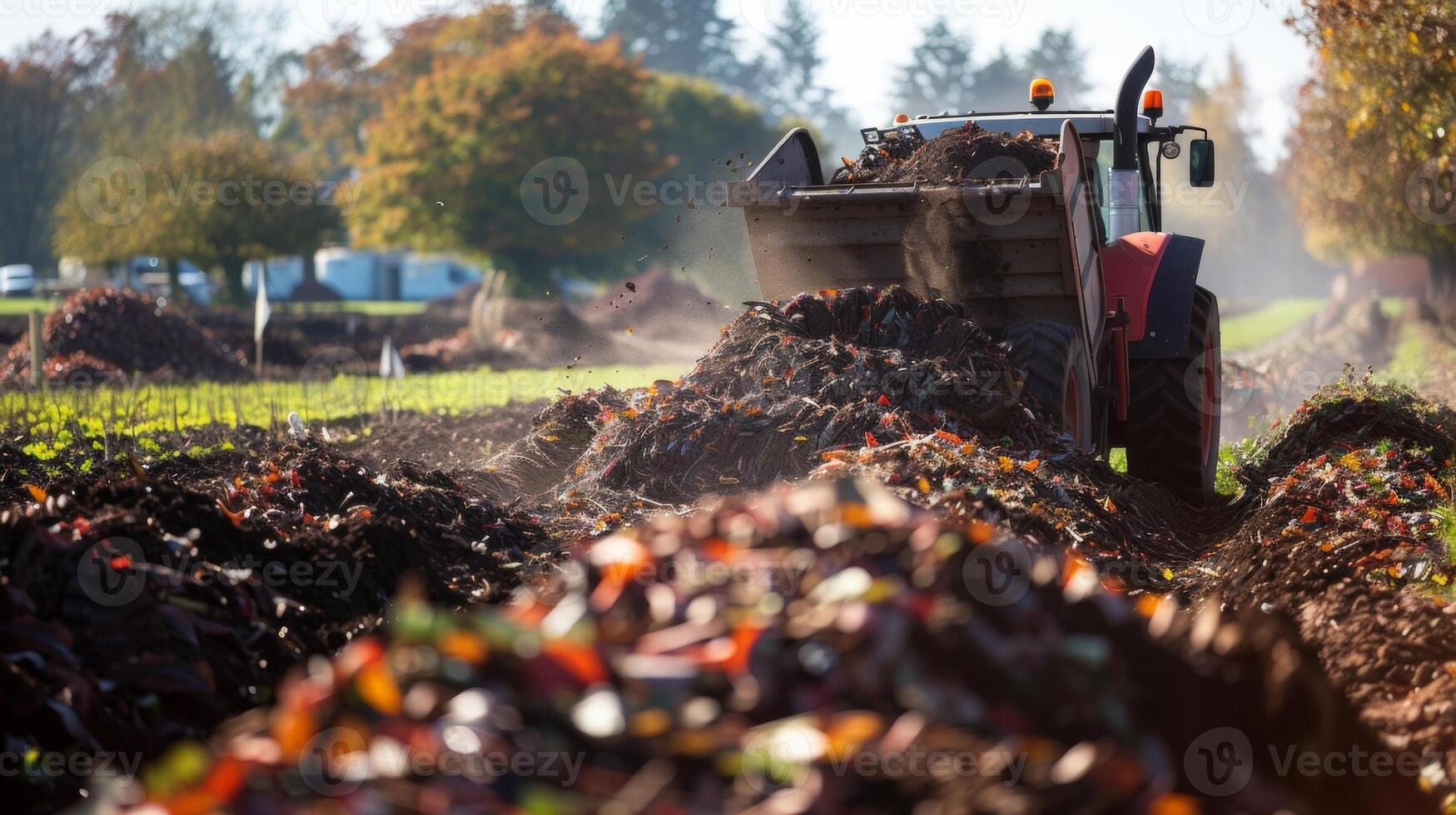 A farmer using a tractor to spread nutrientrich compost made from food waste onto their crops demonstrating the cycle of waste and energy in sustainable agriculture. photo
