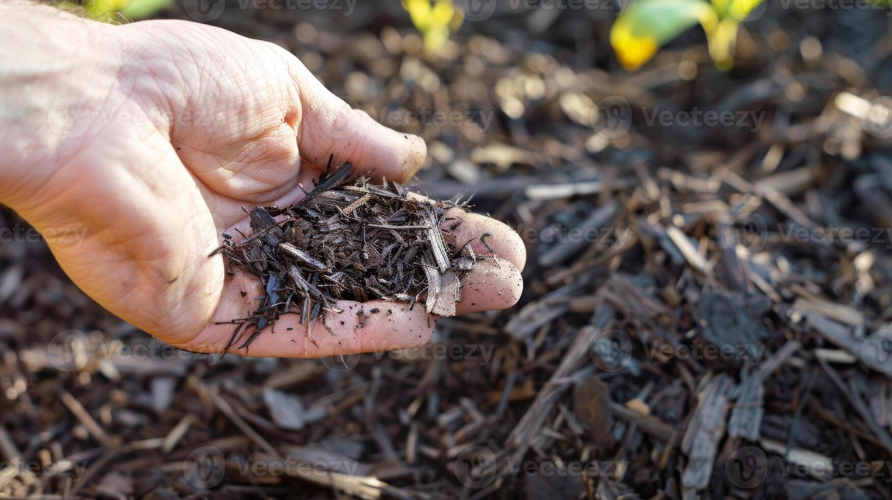 A closeup of a hand holding a small piece of biodegradable mulch showcasing its texture and lightweight feel. The mulch is made from natural fibers and is designed to break down over photo