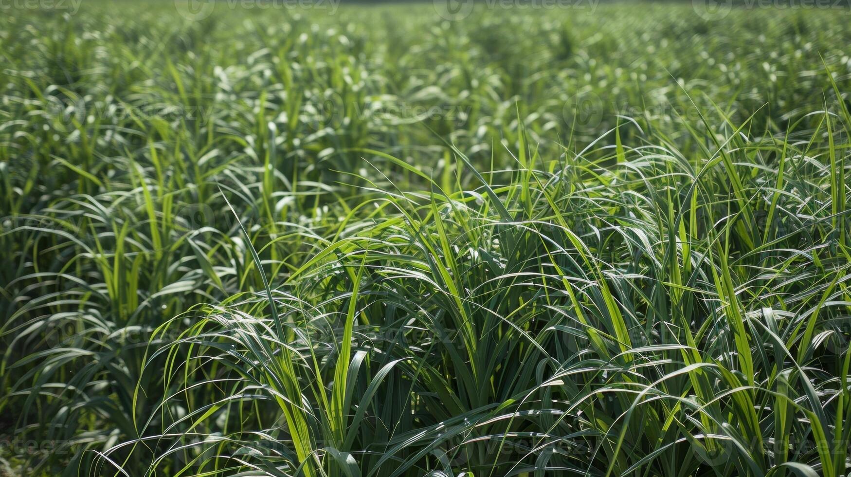 A field of tall green biofuel crops swaying in the wind with small irrigation lines strategically p between the rows. This efficient irrigation system allows for precise water usage photo