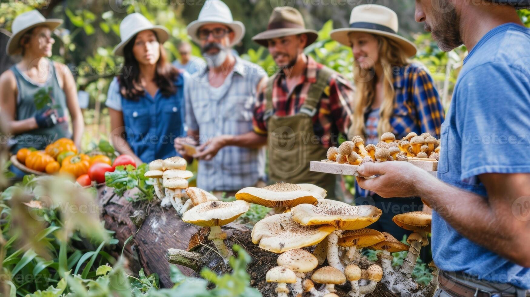 A group of people dressed in gardening gear gather around a mushroom log inoculation station learning the process of integrating mushroom cultivation into a permaculture system as photo
