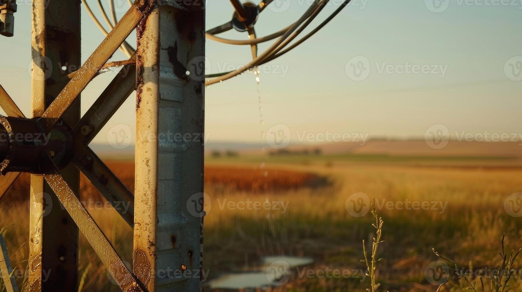 A closeup of a steel structure supporting a center pivot irrigation system with a circular water sprinkler rotating on top. In the background a field of biofuel crops can be seen growing photo