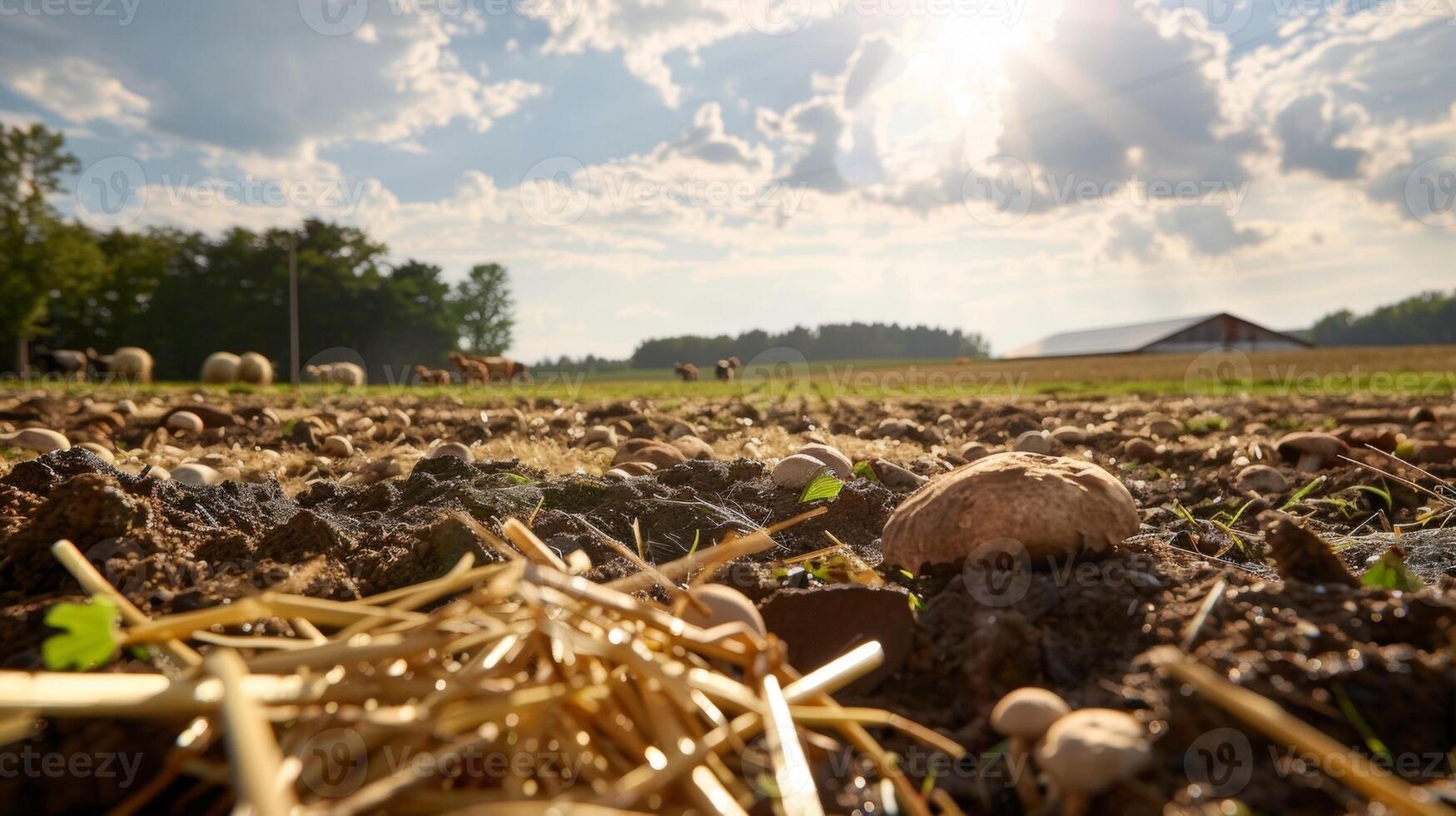A rich dark soil bed is covered in a layer of straw with small mushroom pins peeking through. The farm in the background is a bustling hub of sustainable agriculture with animals grazing photo