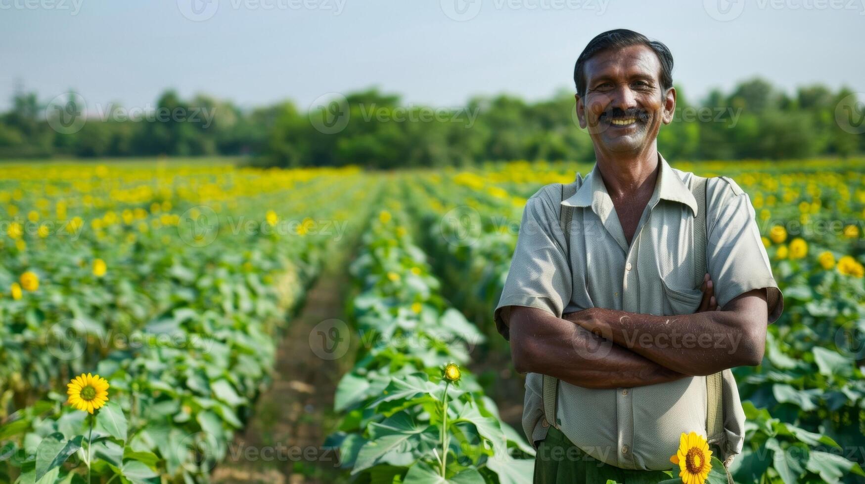 A smiling farmer stands in front of his vast fields of vibrant green crops which will be used as feedstock for biofuel production. The land is wellmaintained and free of any harmful photo