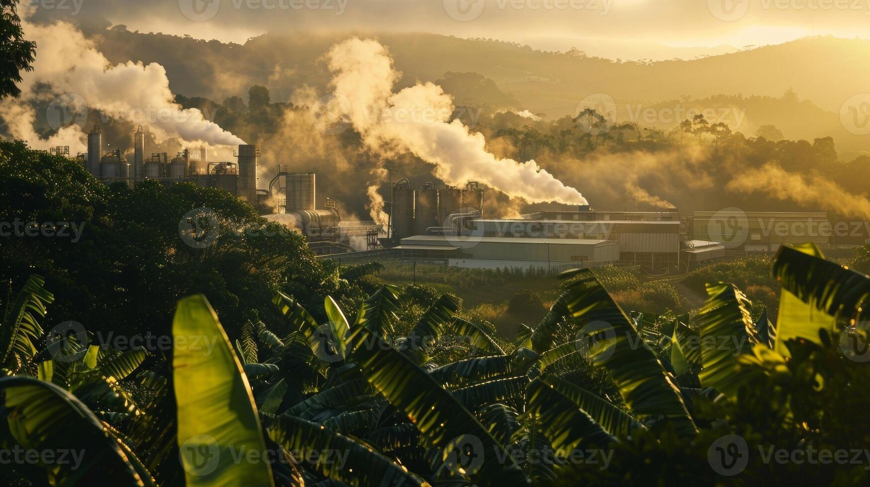 A factory emitting clean renewable energy into the air above a lush landscape demonstrating how responsible biofuel production can positively impact the environment. photo