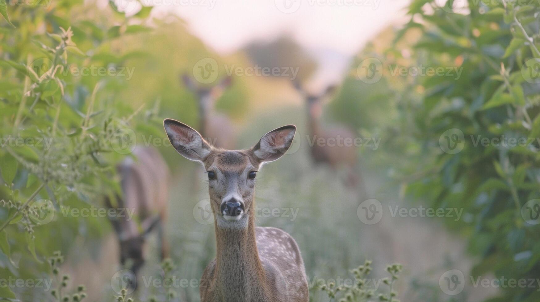 A family of deer wanders through a field of monoculture crops their natural habitat destroyed by the systematic planting and harvesting of single crop species. As their food sources photo