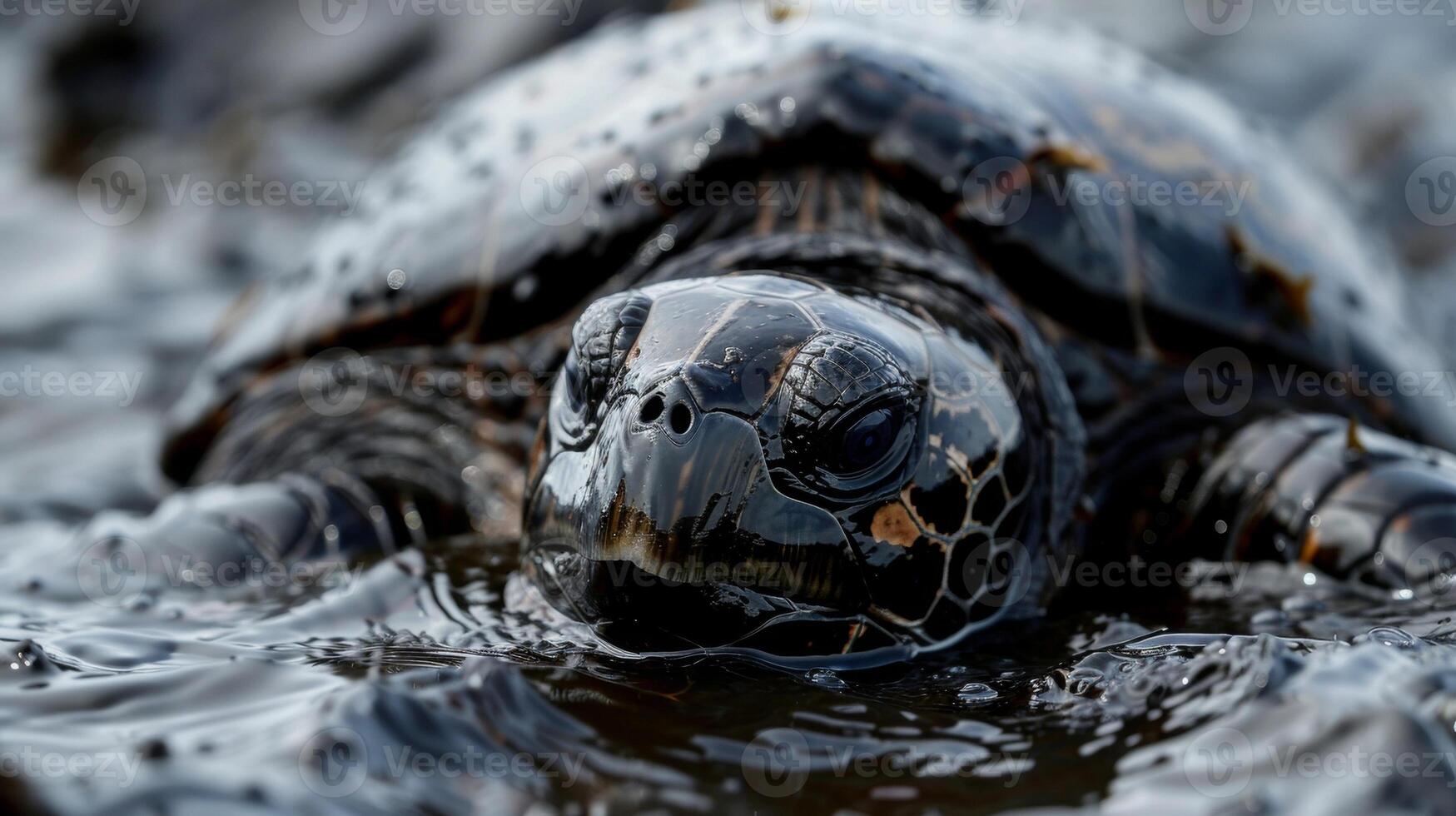 A blackened oilcovered turtle struggling to breathe as it surfaces in a polluted ocean its natural habitat destroyed by the toxic effects of biofuel production. photo