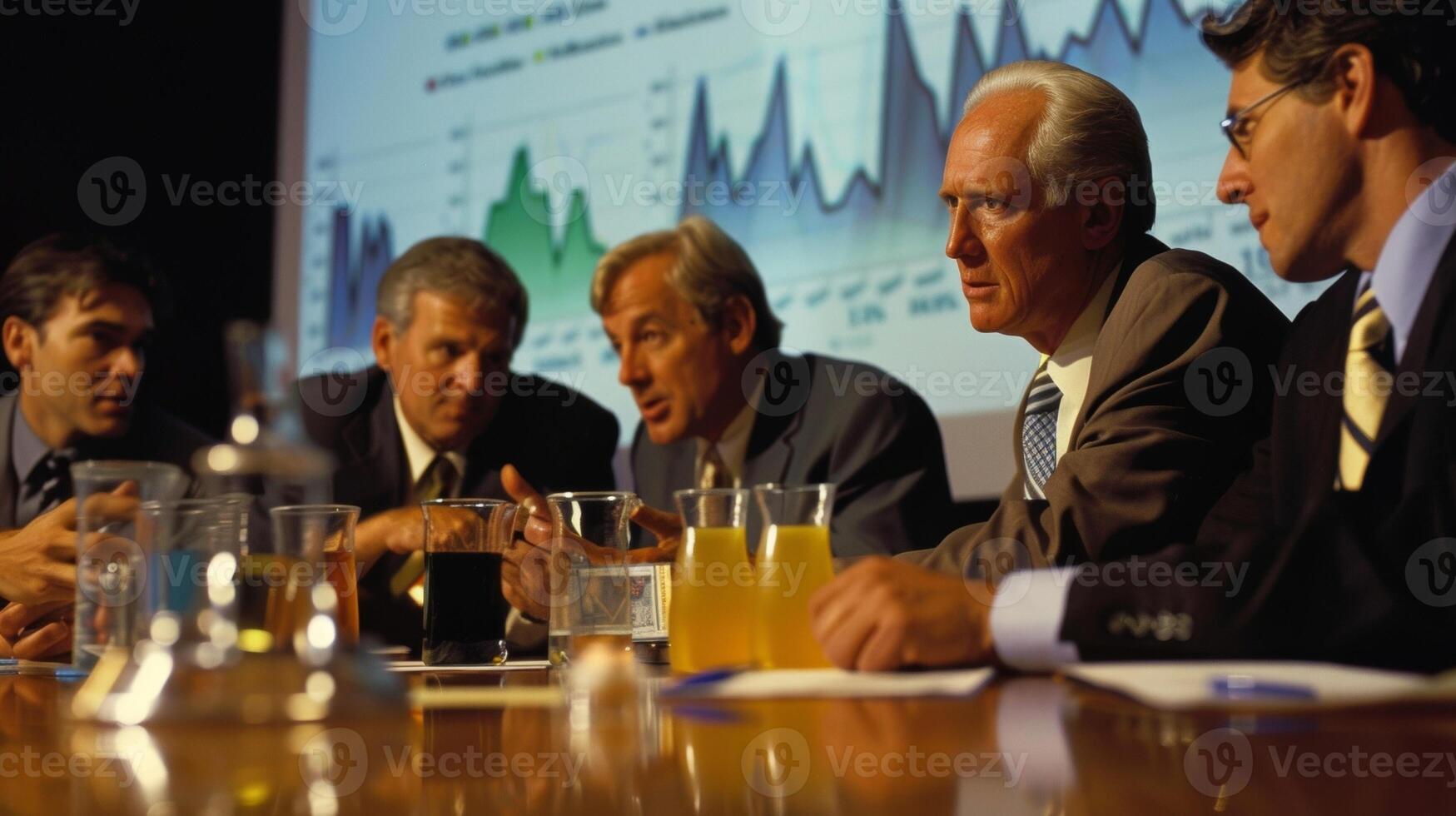 A group of businessmen and women in suits sit around a conference table intently discussing and analyzing graphs and charts on a projection screen. This image highlights the financial photo