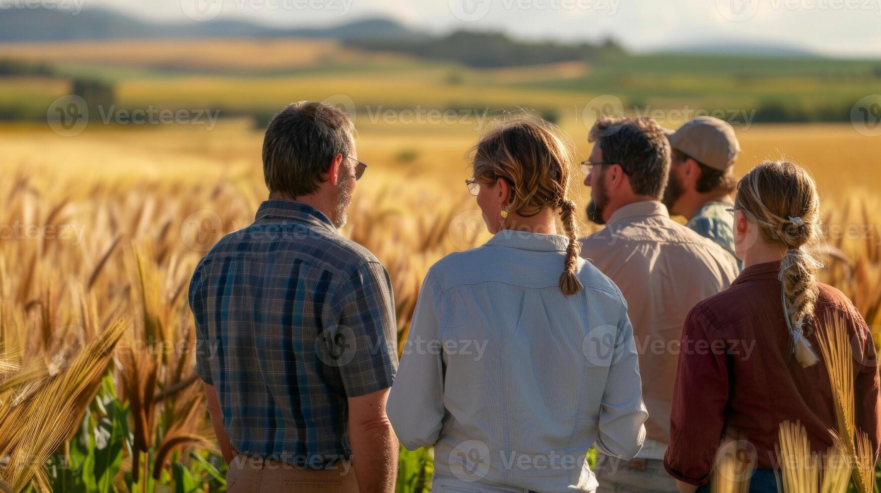 A group of farmers standing in a field examining crops that are thriving despite a lack of rain. The image captures the hope and potential of using gene editing for droughtresistant photo