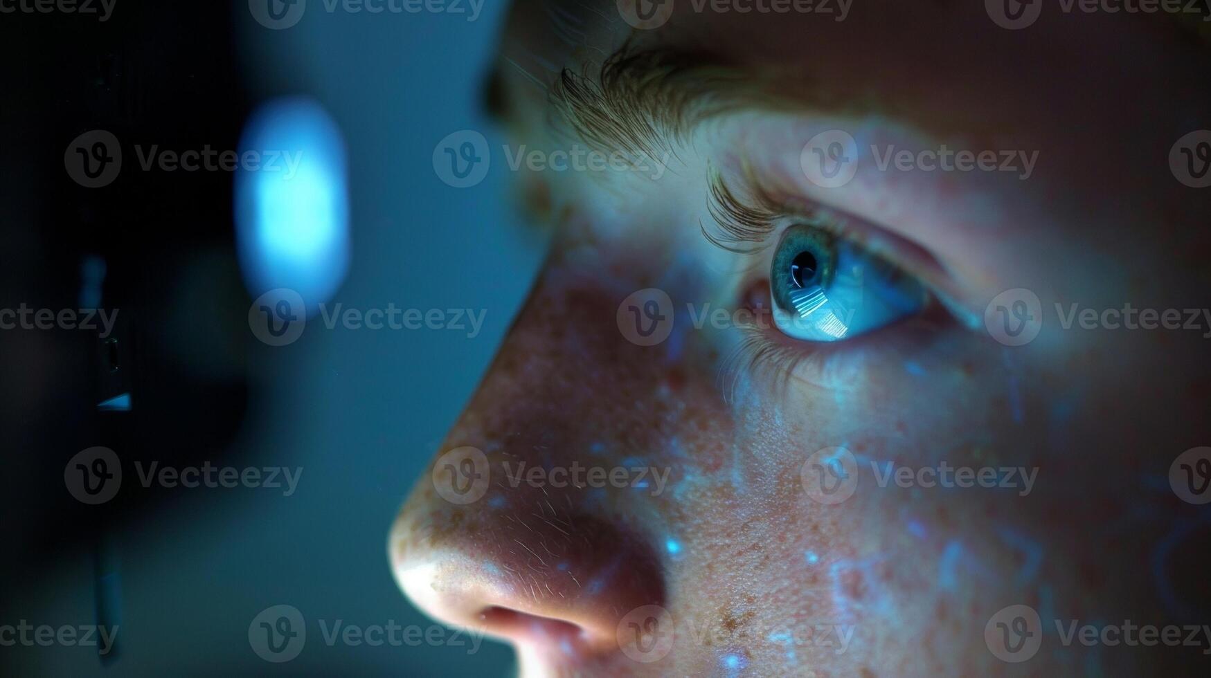 A closeup of a students face illuminated by the glow of a computer screen. Their expression is one of deep concentration as they analyze a complex algorithm for maximizing the efficiency photo