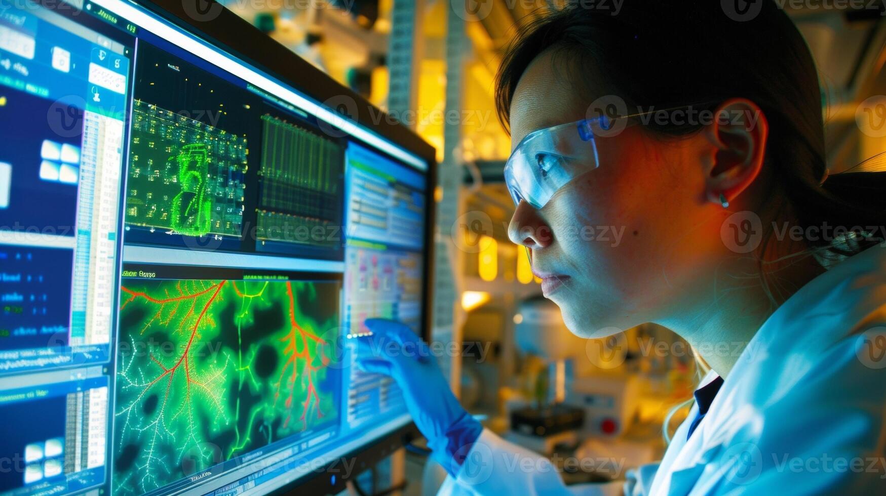In a brightly lit laboratory a researcher closely observes a computer screen displaying data from an experiment testing the effectiveness of a newly developed enzyme in breaking down photo