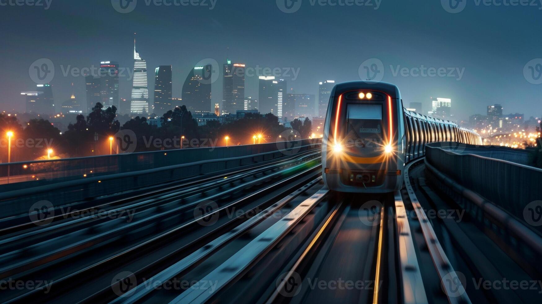 A nighttime shot of a biofuelpowered train speeding along a track its headlights illuminating the way ahead. The city skyline can be seen in the distance highlighting the seamless photo