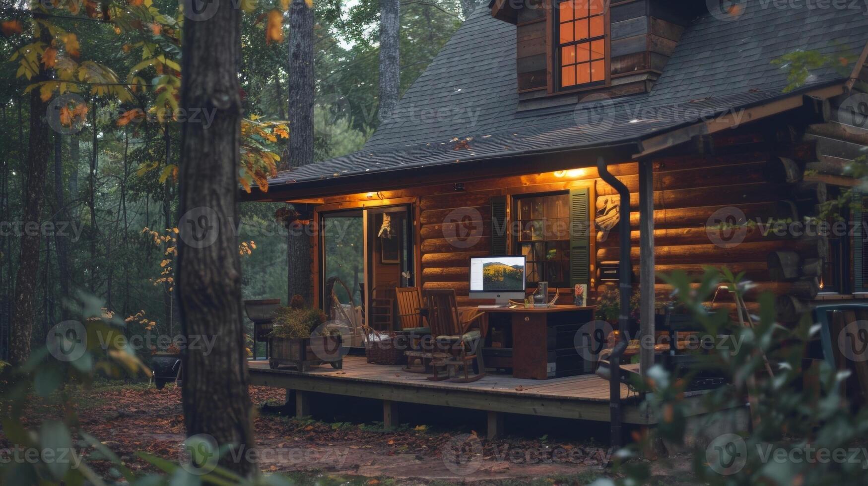 A quaint cabin in the woods with a large computer monitor and keyboard set up on the front porch. The owner can enjoy the peaceful surroundings while working remotely and utilizing photo