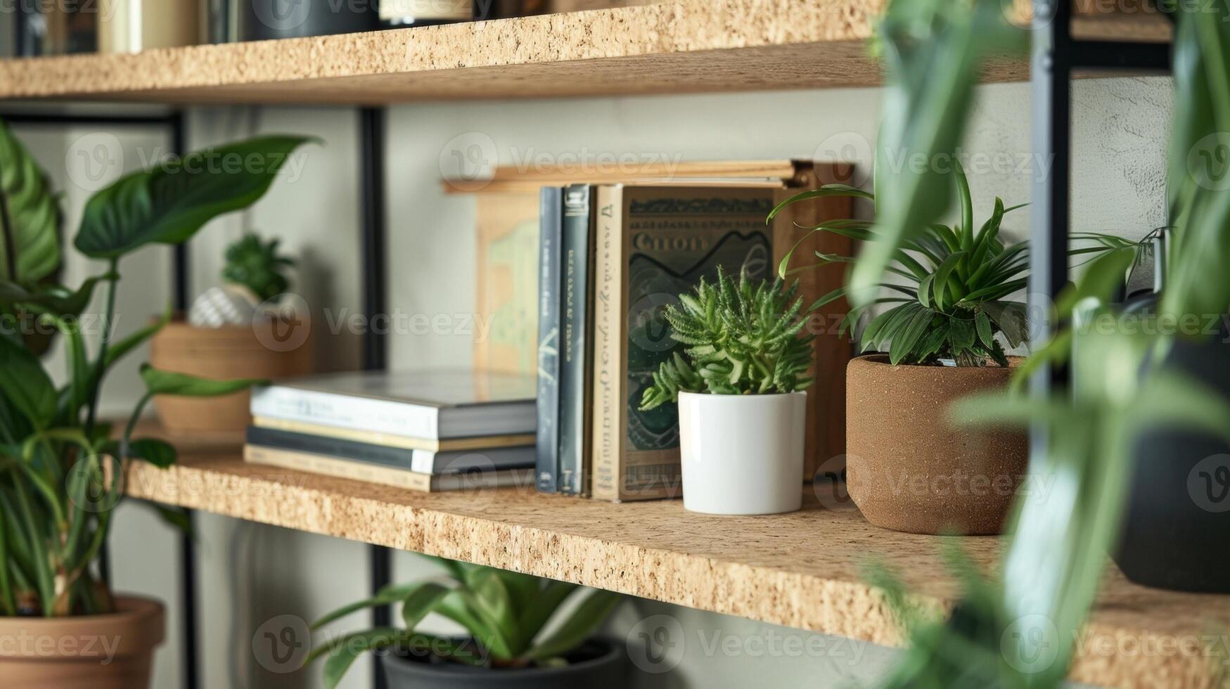 A home office with a cork desk and shelves showcasing potted plants and recycled paper products. The cork surfaces provide a sustainable and stylish workspace for the environmentally photo